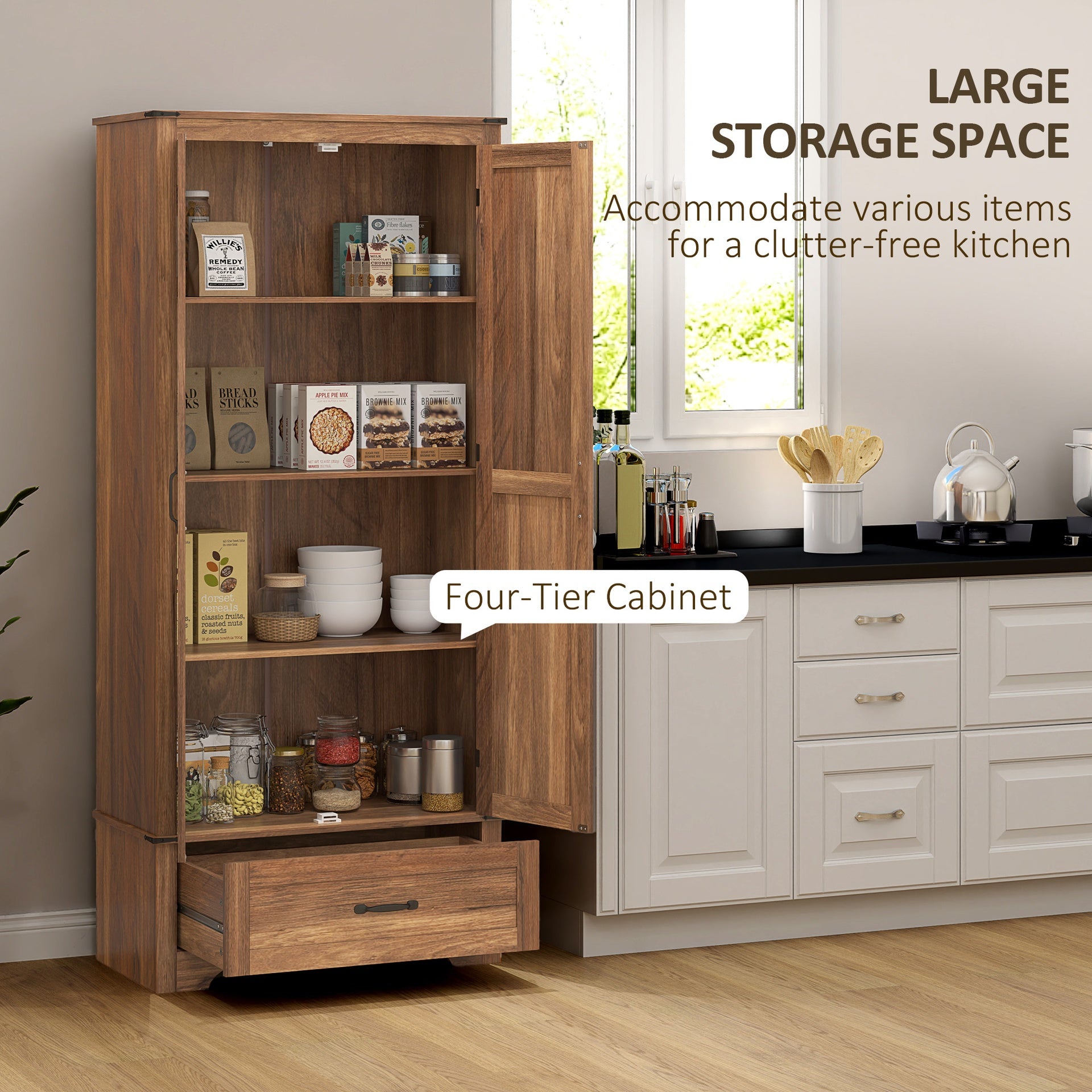 HOMCOM 72" Farmhouse Pantry Cabinet with Adjustable Shelves, Kitchen Pantry Cabinet with 2 Doors, Brown