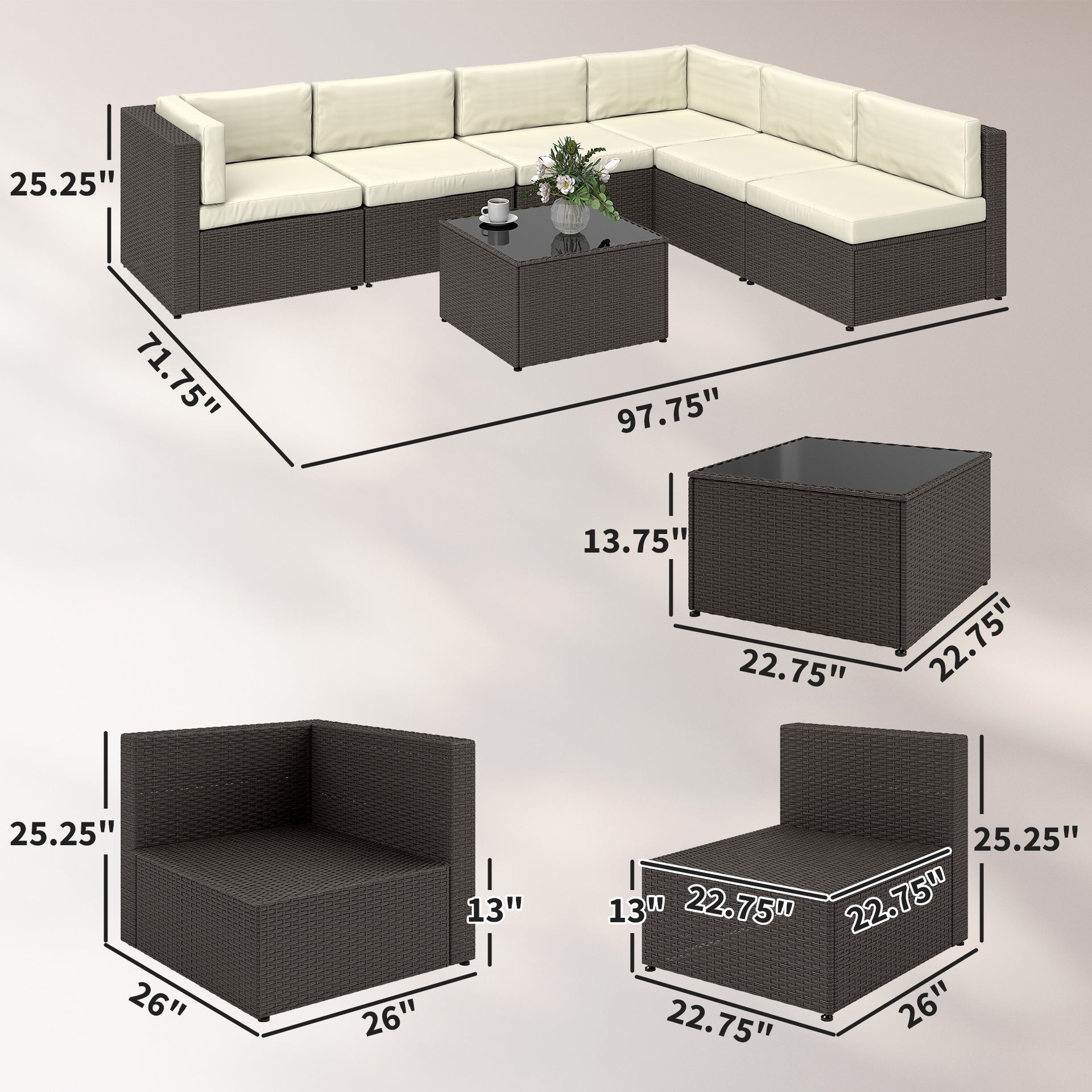 Outsunny 7 Piece Patio Furniture Set, All Weather PE Rattan Outdoor Furniture Conversation Sets with Glass Top Coffee Table