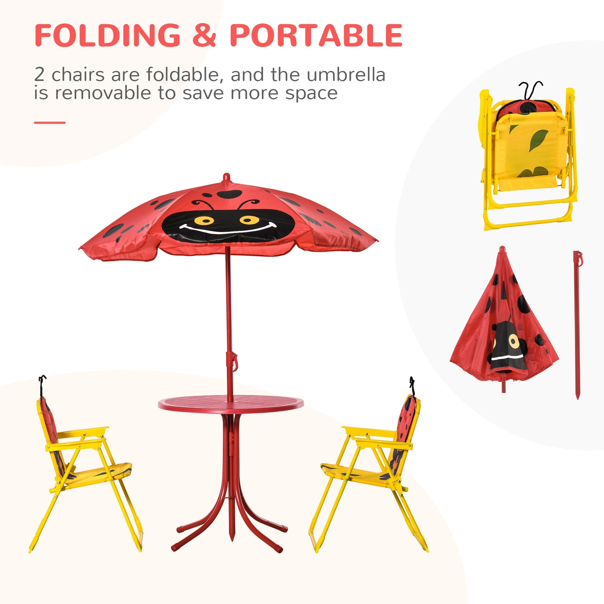 Outsunny Kids Table and Chair Set, Outdoor Folding Garden Furniture, Picnic Table for Patio Backyard, with Removable & Height Adjustable Sun Umbrella, Red