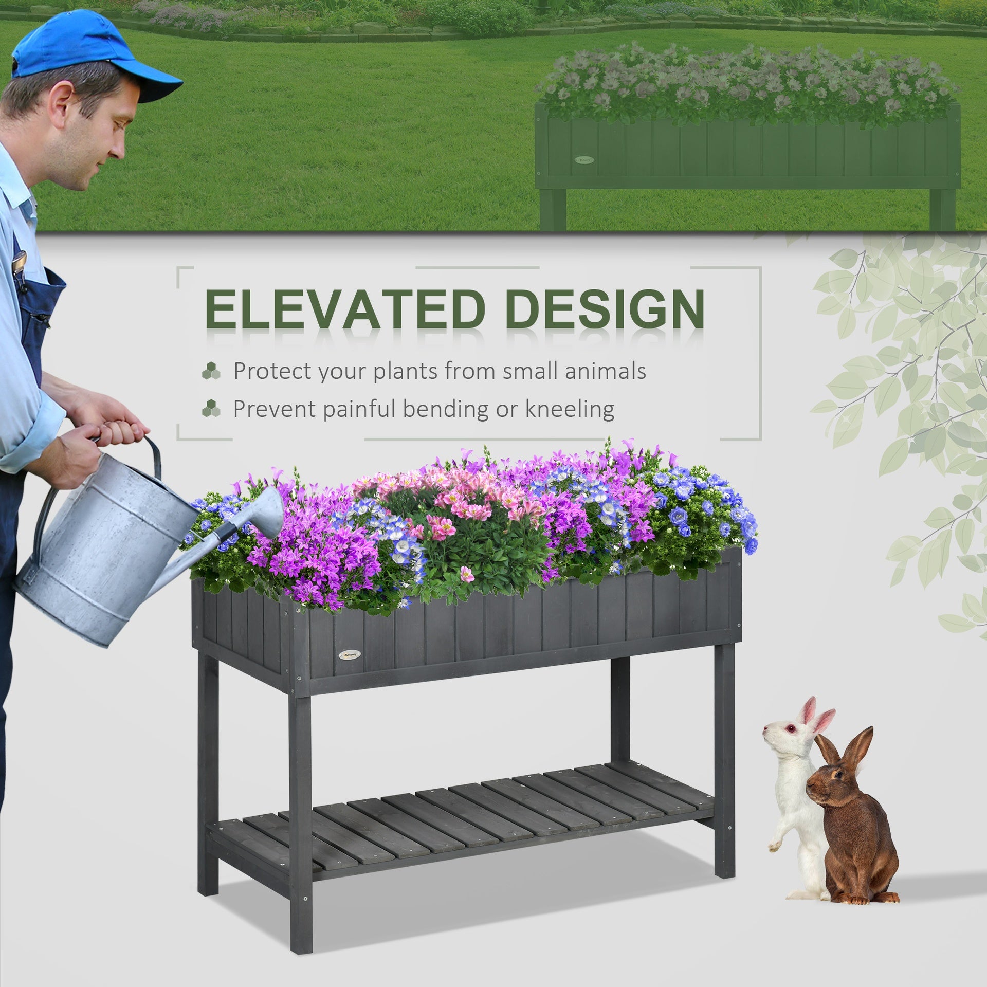 Outsunny Wooden Raised Garden Bed, Elevated Planter Box Stand with 8 Slots and Open Shelf, Dark Gray