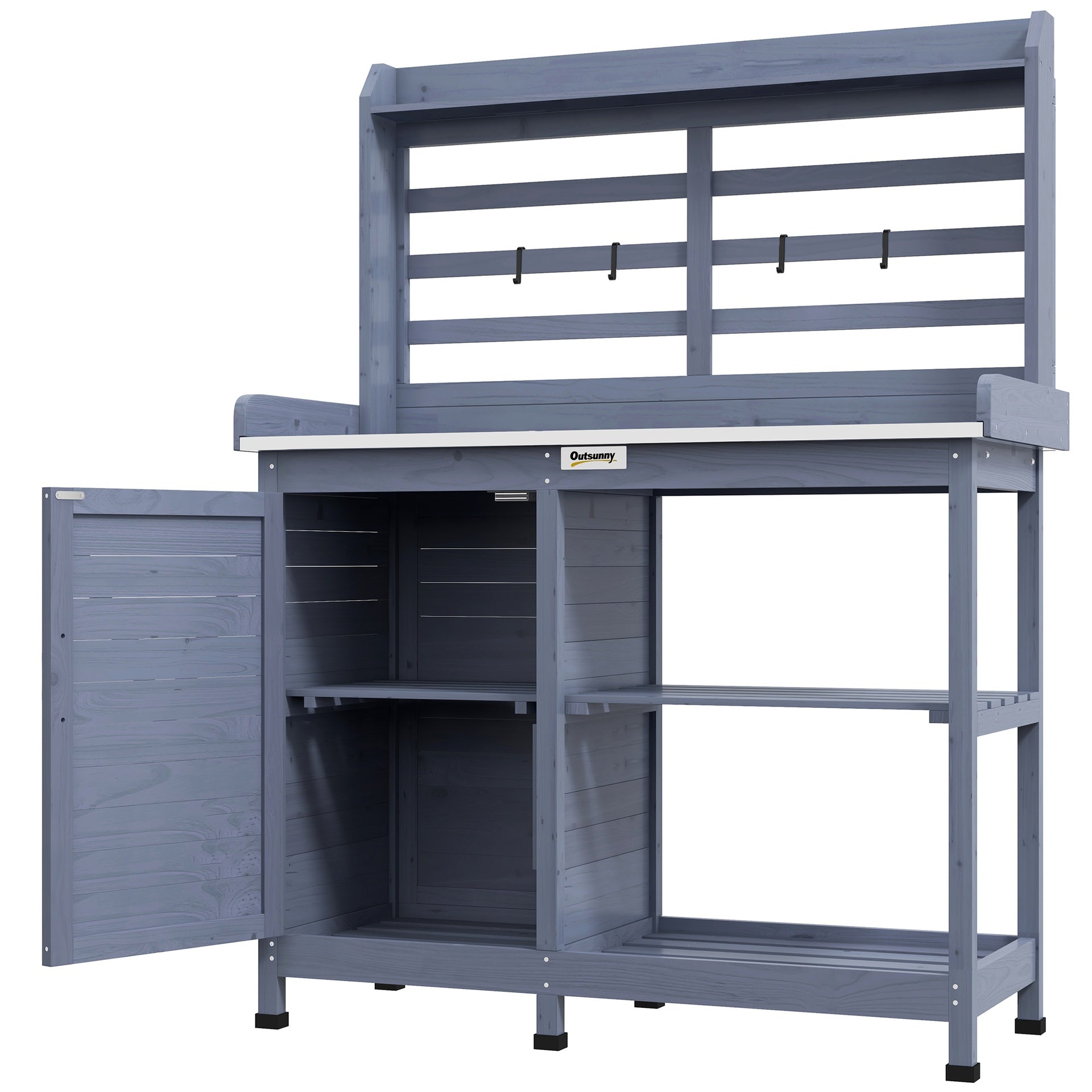 Outsunny Wooden Potting Bench with Storage, Aluminum Tabletop for Backyard, Patio, Balcony, Gray