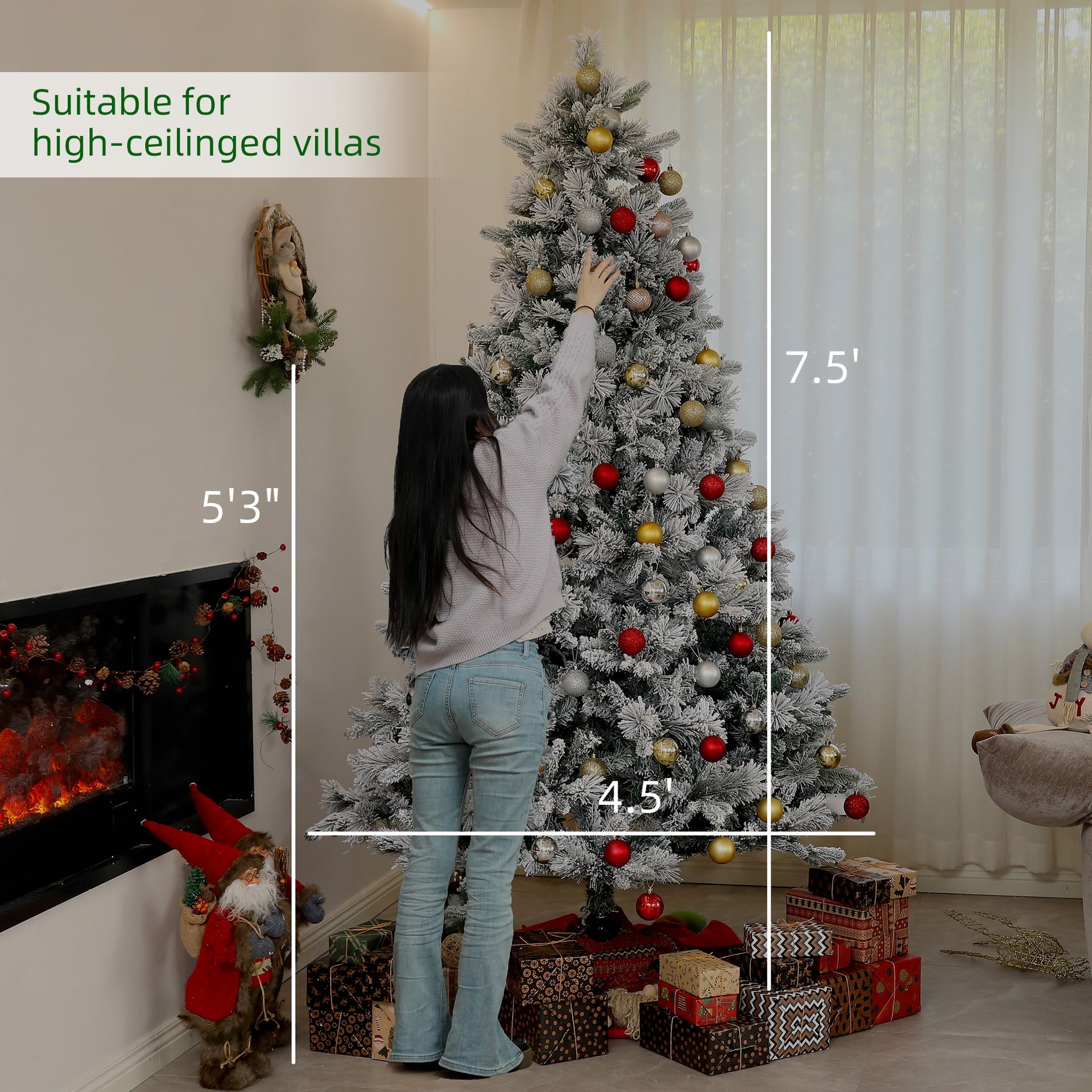 HOMCOM 7.5 ft Prelit Flocked Artificial Christmas Tree with 500 Clear Lights, 1530 Tips, Metal Stand for Home Office Holiday
