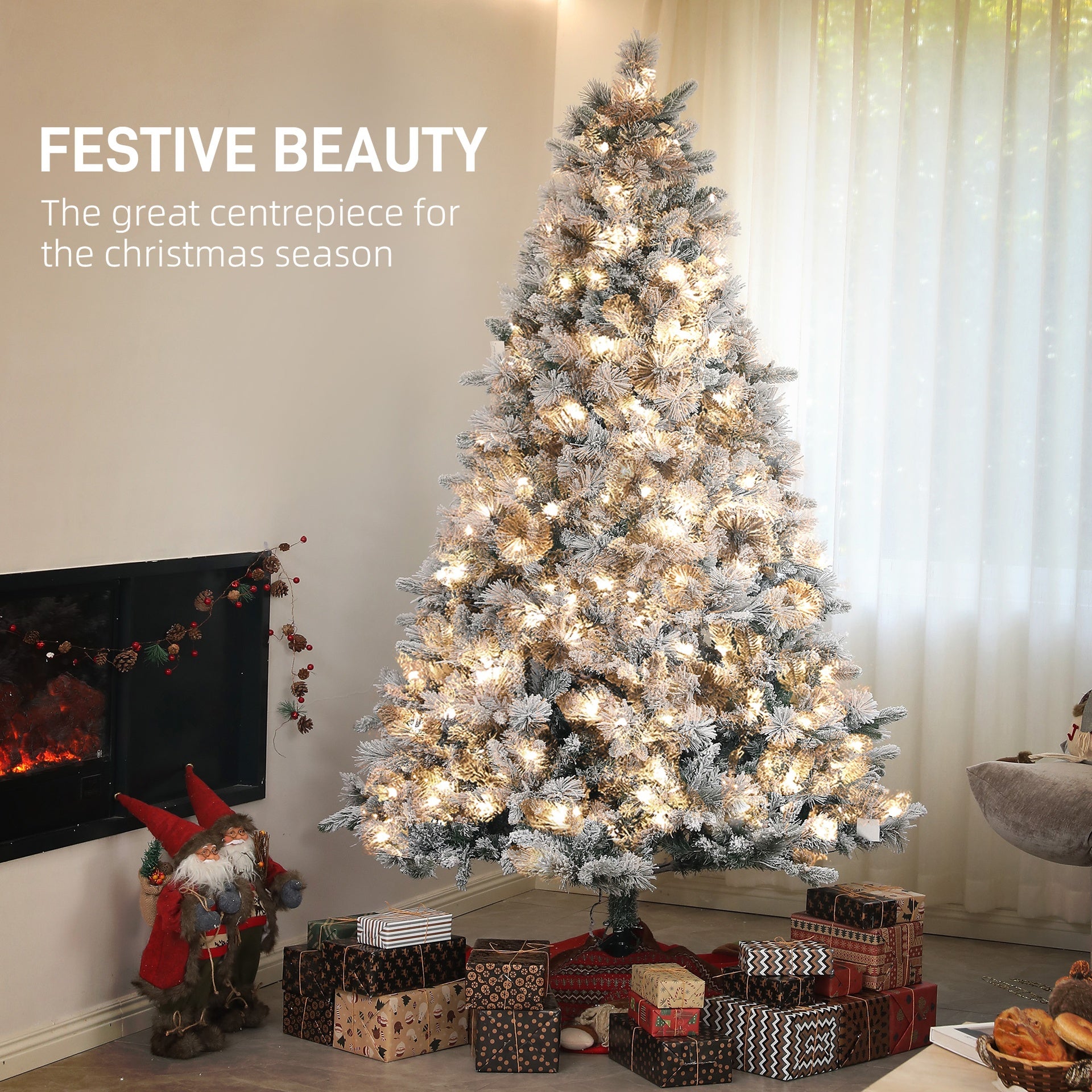 HOMCOM 7.5 ft Prelit Flocked Artificial Christmas Tree with 500 Clear Lights, 1530 Tips, Metal Stand for Home Office Holiday