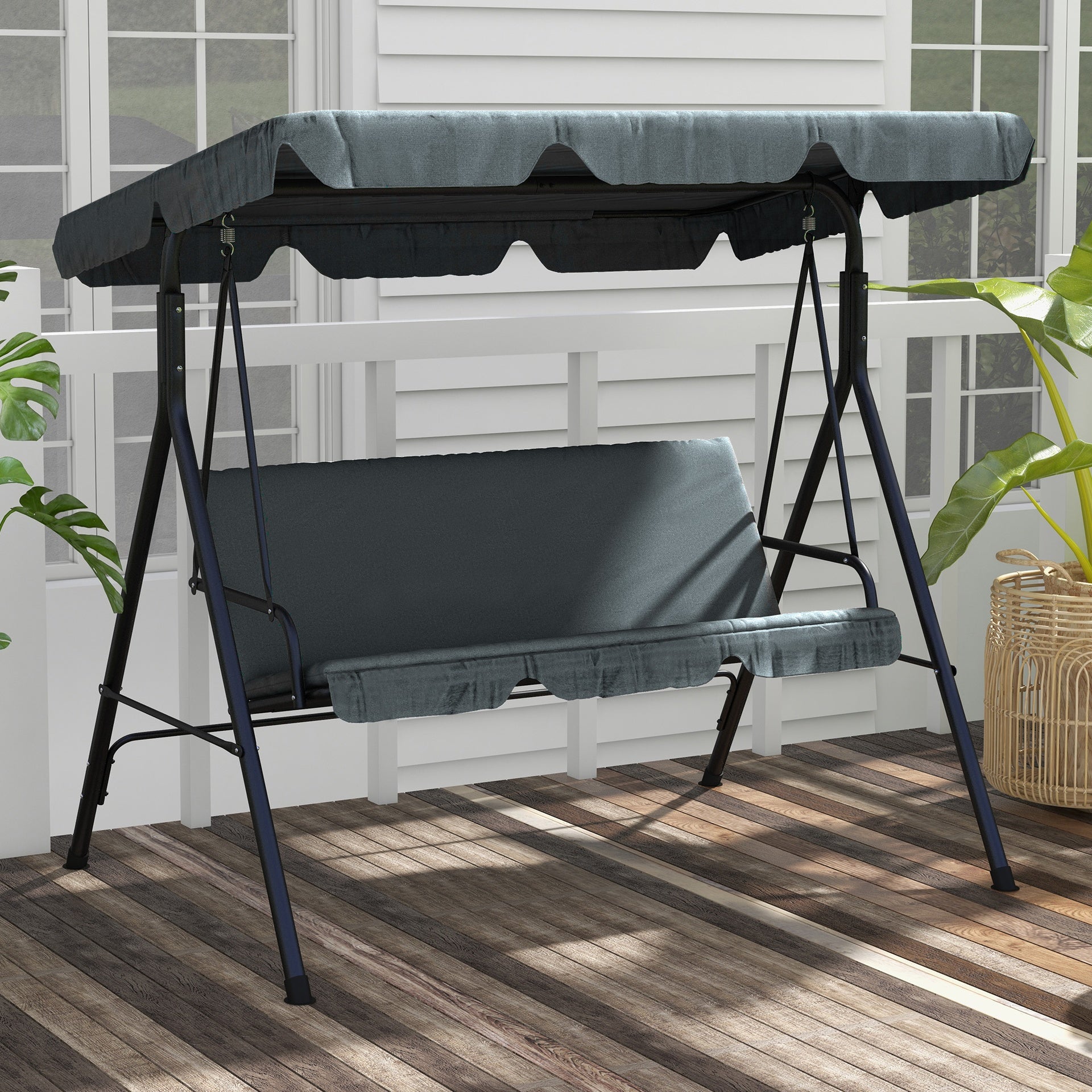 Outsunny 3-Seat Outdoor Patio Swing Chair w/ Cushion, Steel Frame Stand, Adjustable Tilt Canopy for Patio, Garden, Gray
