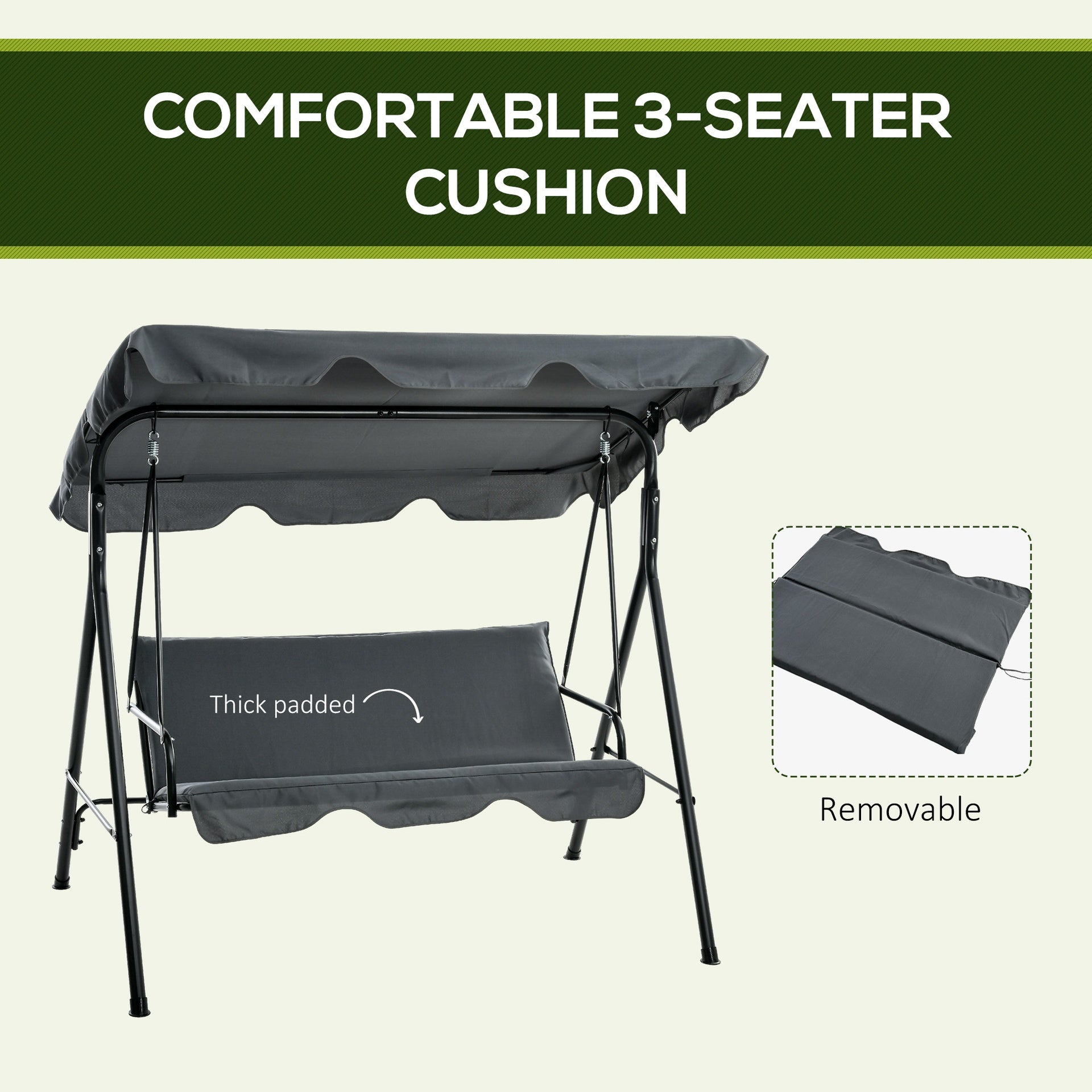 Outsunny 3-Seat Outdoor Patio Swing Chair w/ Cushion, Steel Frame Stand, Adjustable Tilt Canopy for Patio, Garden, Gray