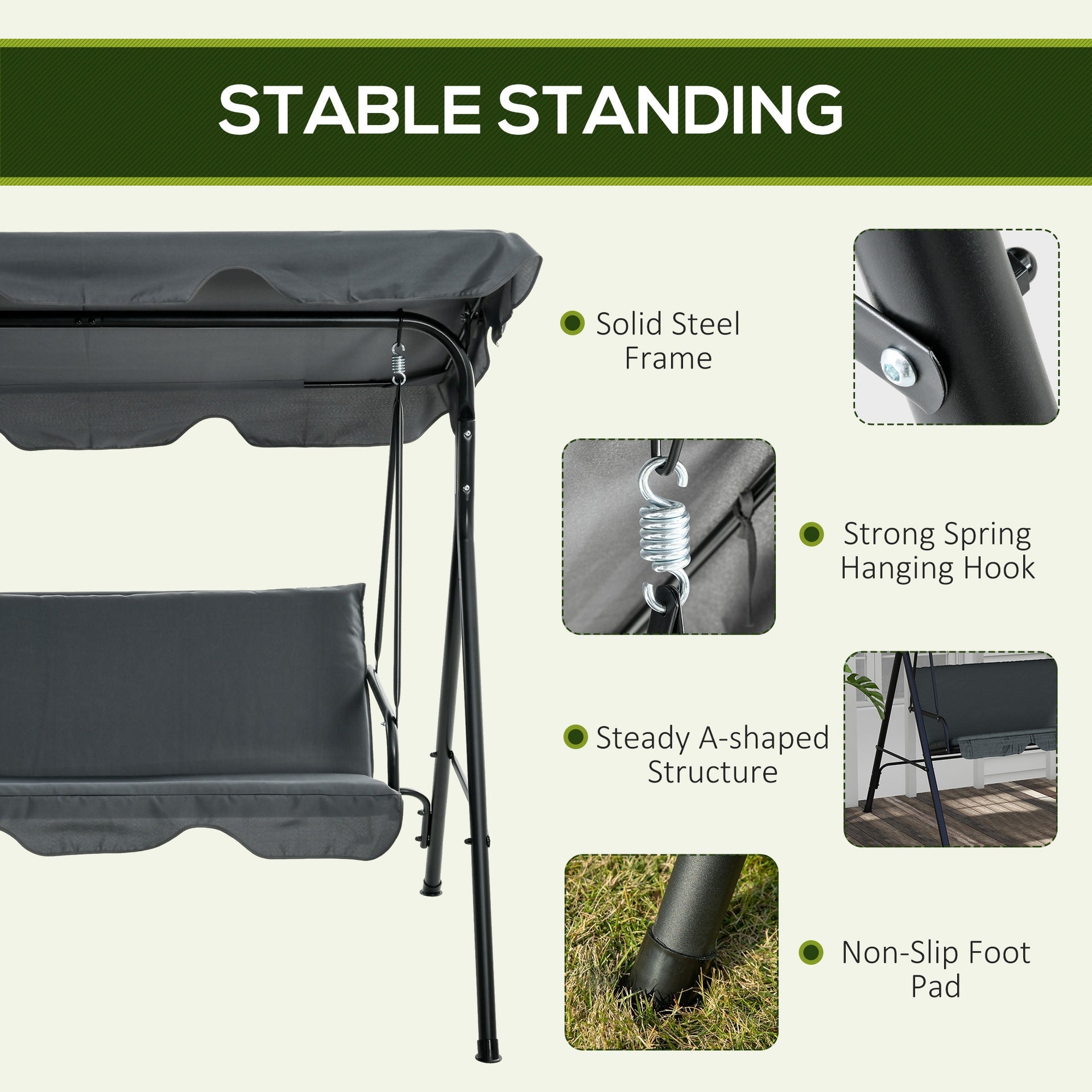 Outsunny 3-Seat Outdoor Patio Swing Chair w/ Cushion, Steel Frame Stand, Adjustable Tilt Canopy for Patio, Garden, Gray