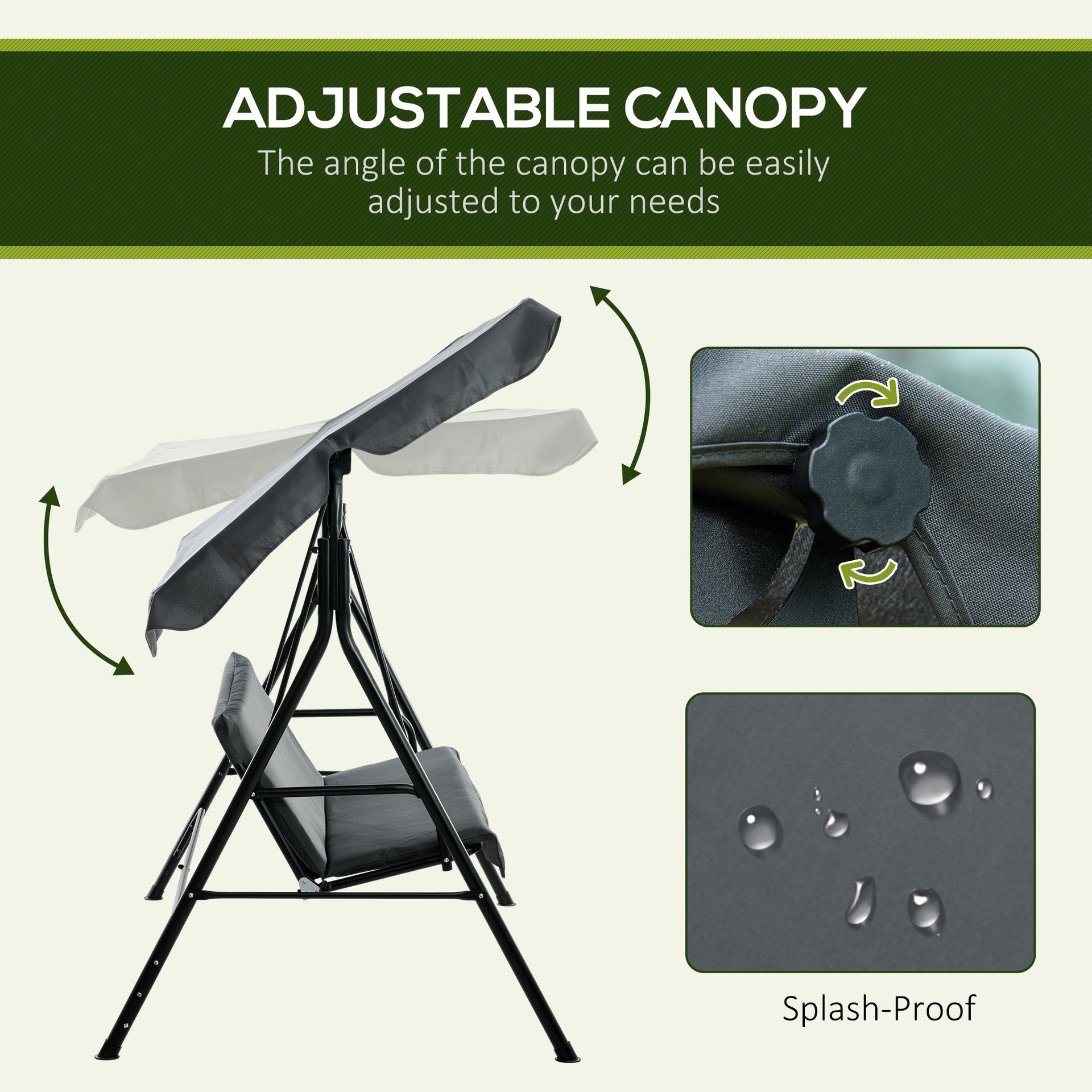Outsunny 3-Seat Outdoor Patio Swing Chair w/ Cushion, Steel Frame Stand, Adjustable Tilt Canopy for Patio, Garden, Gray