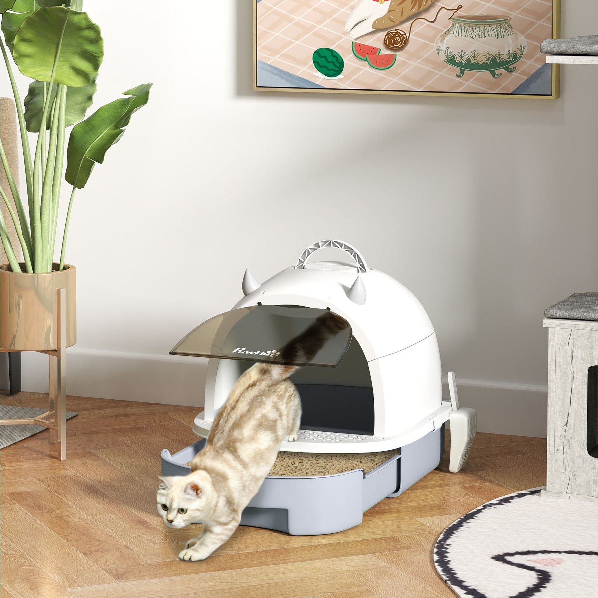 PawHut Covered Cat Litter Box with Lid, Scoop, Deodorizing Bags for Odor Control, Privacy, Easy to Clean, Gray