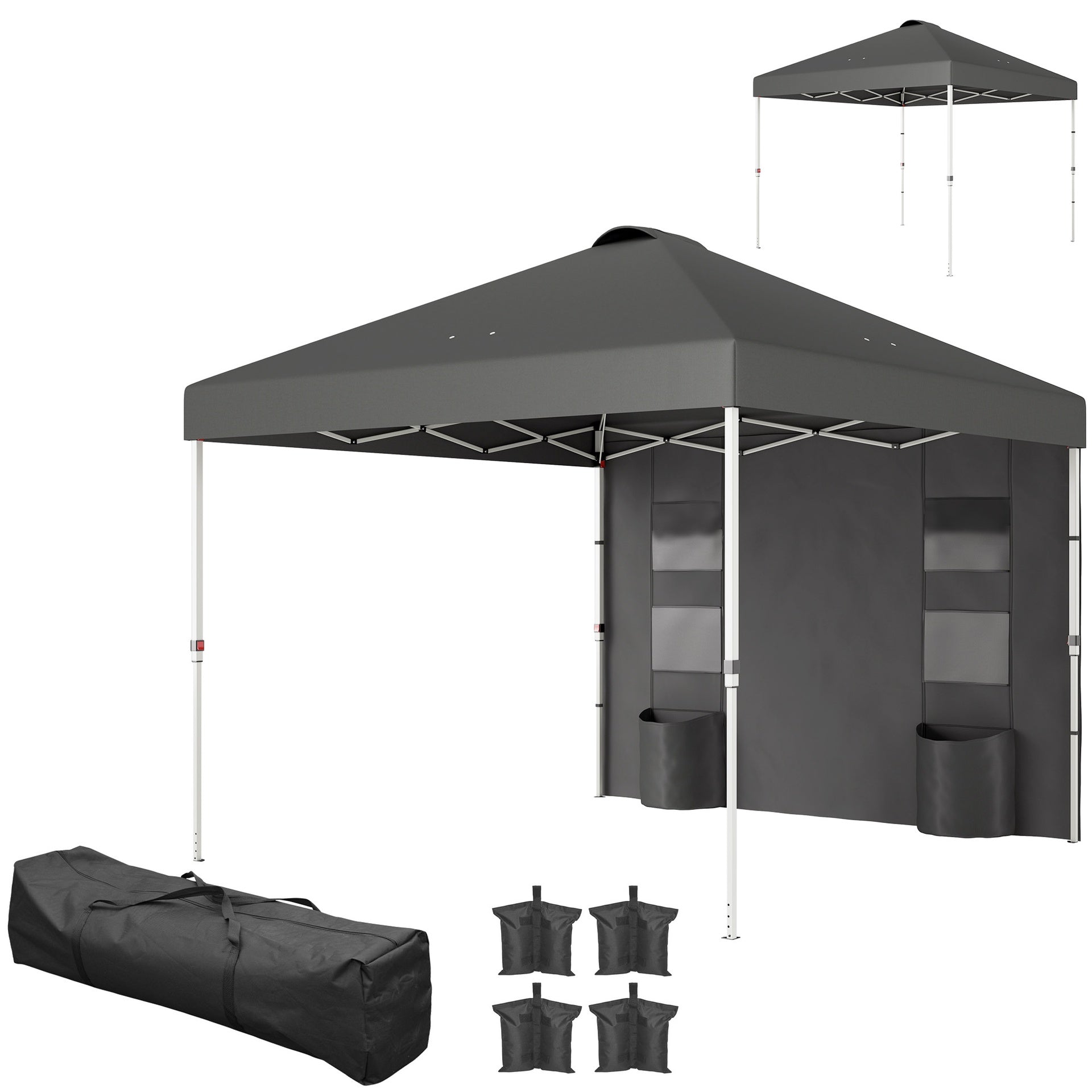 Outsunny 10' x 10' Pop Up Canopy Tent w/ Sidewall, UPF50+ Height Adjustable Instant Sun Shelter w/ Storage Pockets, Dark Gray