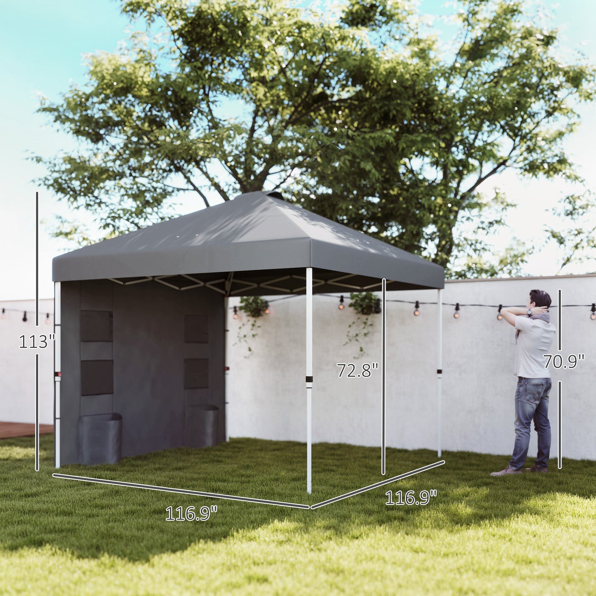 Outsunny 10' x 10' Pop Up Canopy Tent w/ Sidewall, UPF50+ Height Adjustable Instant Sun Shelter w/ Storage Pockets, Dark Gray