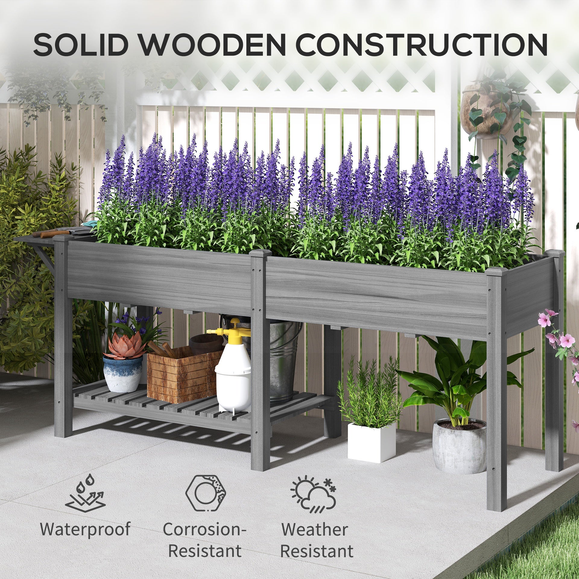 Outsunny Wood Raised Garden Box, Elevated Garden Bed with Side Table, Bottom Shelf, Bed Liners and Drainage Holes, Gray