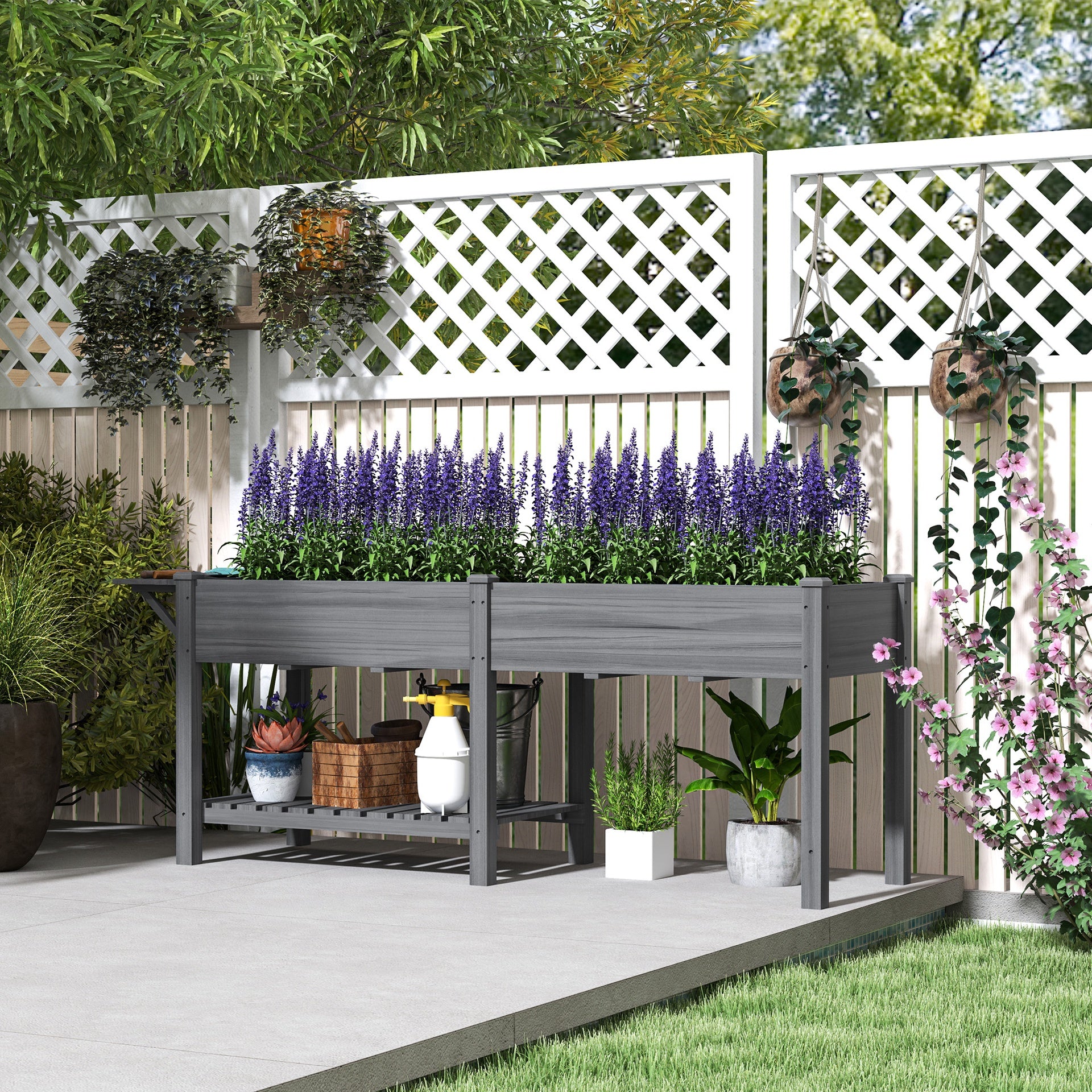 Outsunny Wood Raised Garden Box, Elevated Garden Bed with Side Table, Bottom Shelf, Bed Liners and Drainage Holes, Gray