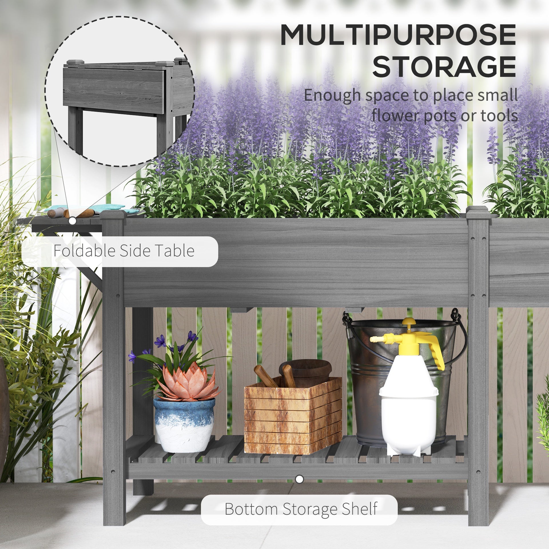 Outsunny Wood Raised Garden Box, Elevated Garden Bed with Side Table, Bottom Shelf, Bed Liners and Drainage Holes, Gray