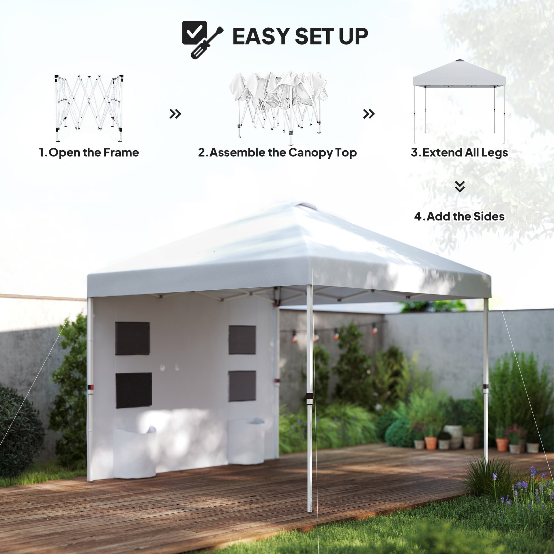 Outsunny 10' x 10' Pop Up Canopy Tent w/ Sidewall, UPF50+ Height Adjustable Instant Sun Shelter w/ Storage Pockets, White