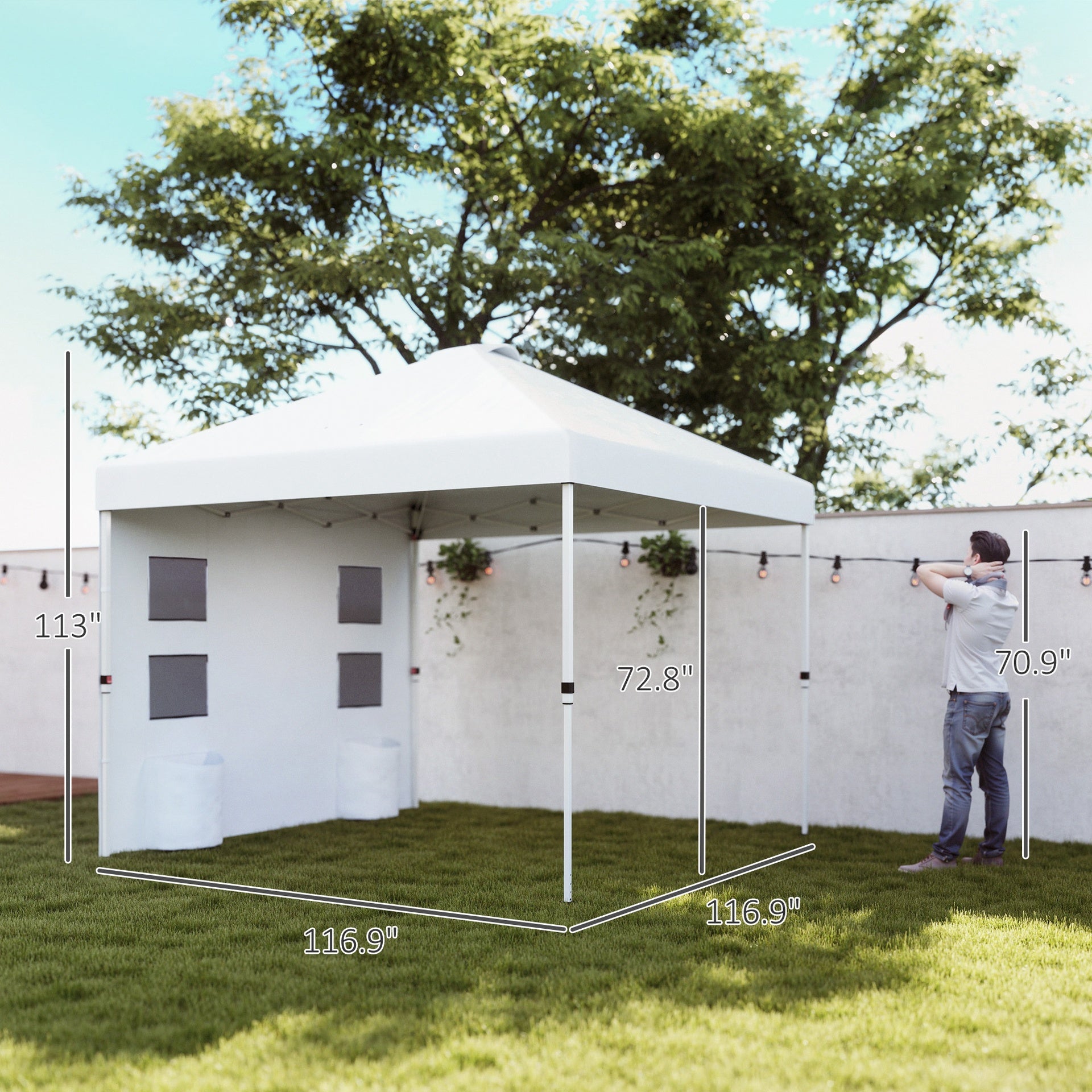 Outsunny 10' x 10' Pop Up Canopy Tent w/ Sidewall, UPF50+ Height Adjustable Instant Sun Shelter w/ Storage Pockets, White