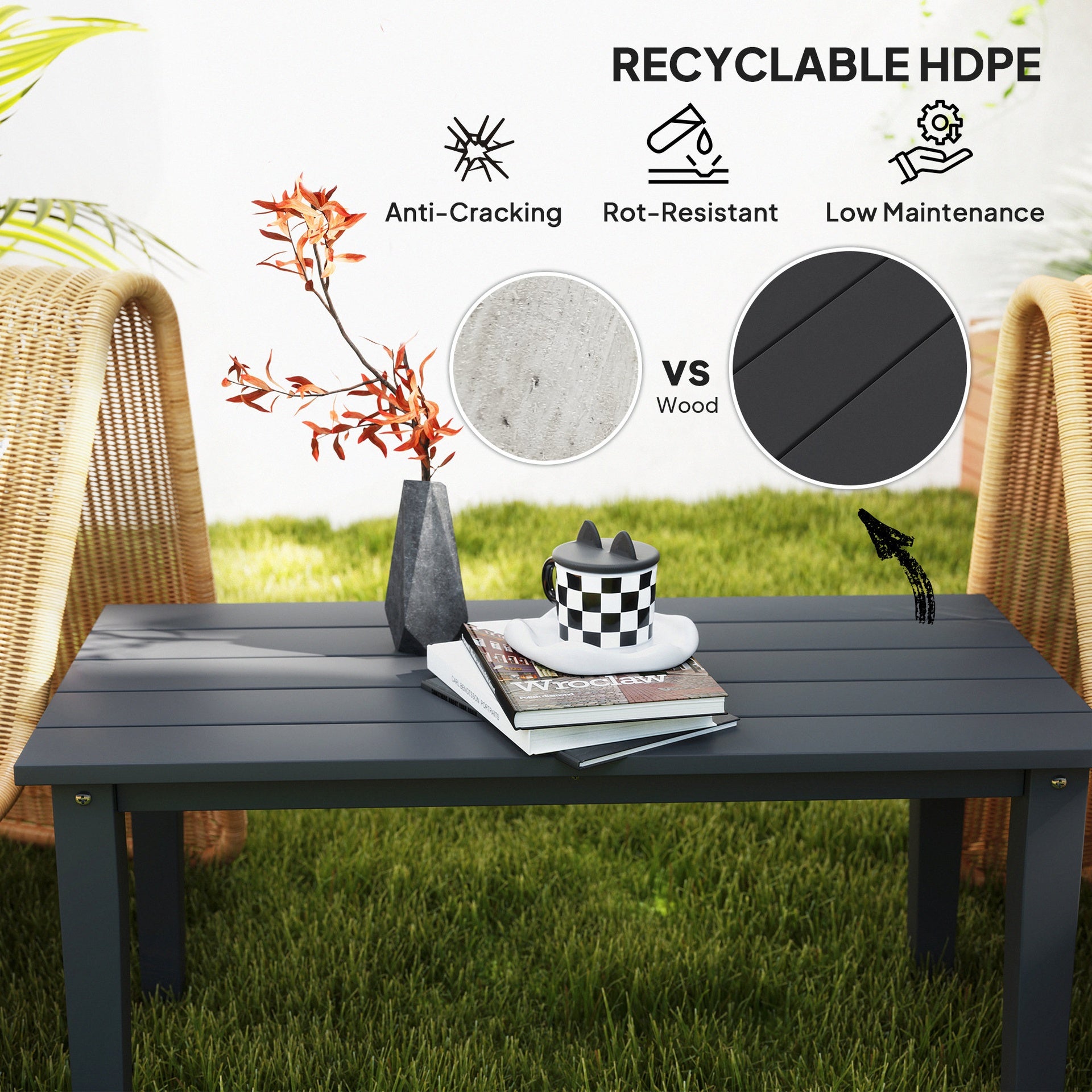 Outsunny Rectangle Outdoor Coffee Table, HDPE All-Weather Outdoor Patio Table with Slatted Tabletop for Yard, Balcony, Black