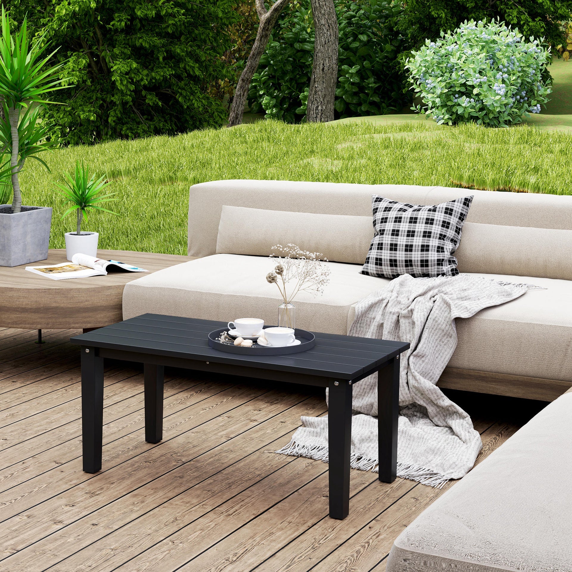 Outsunny Rectangle Outdoor Coffee Table, HDPE All-Weather Outdoor Patio Table with Slatted Tabletop for Yard, Balcony, Black