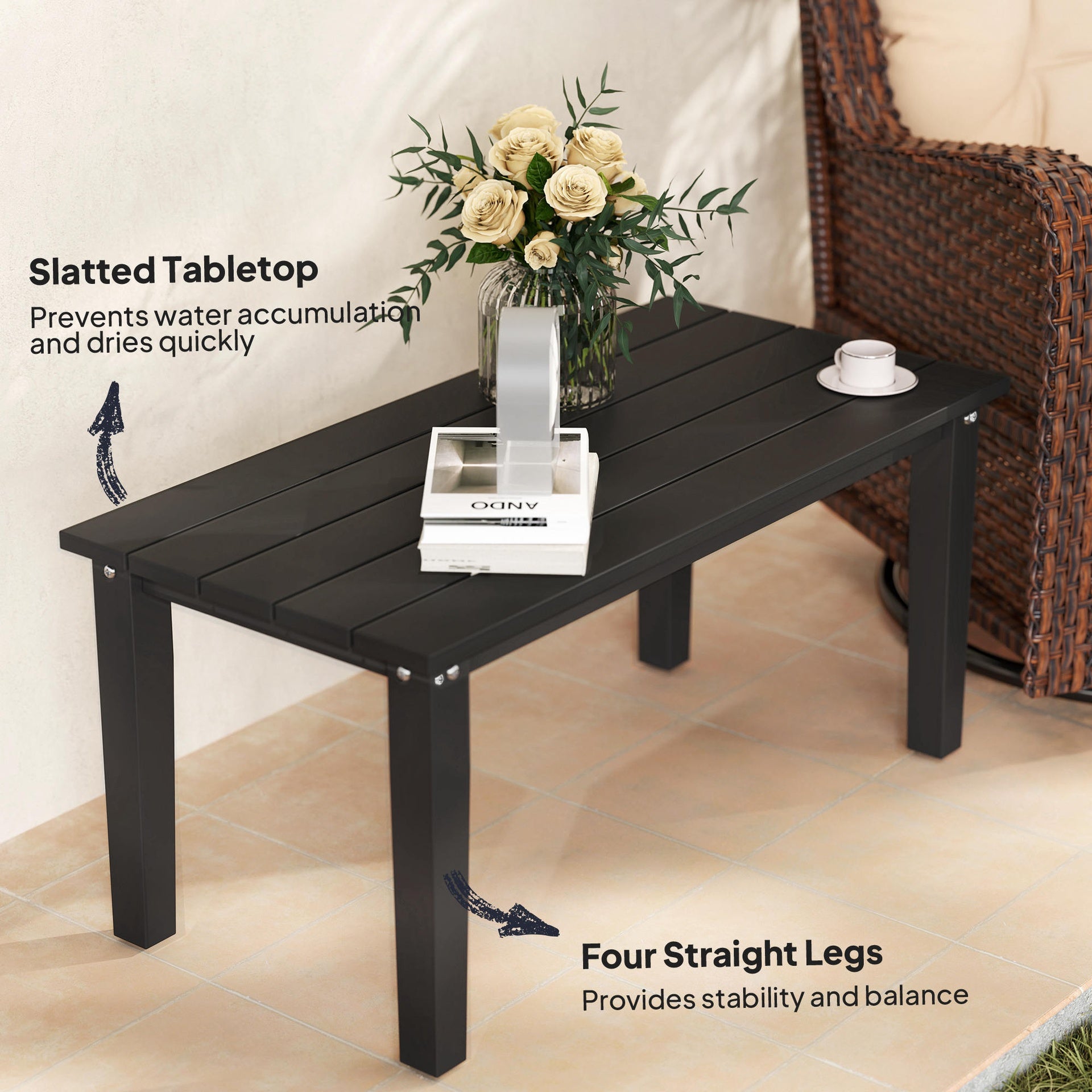 Outsunny Rectangle Outdoor Coffee Table, HDPE All-Weather Outdoor Patio Table with Slatted Tabletop for Yard, Balcony, Black