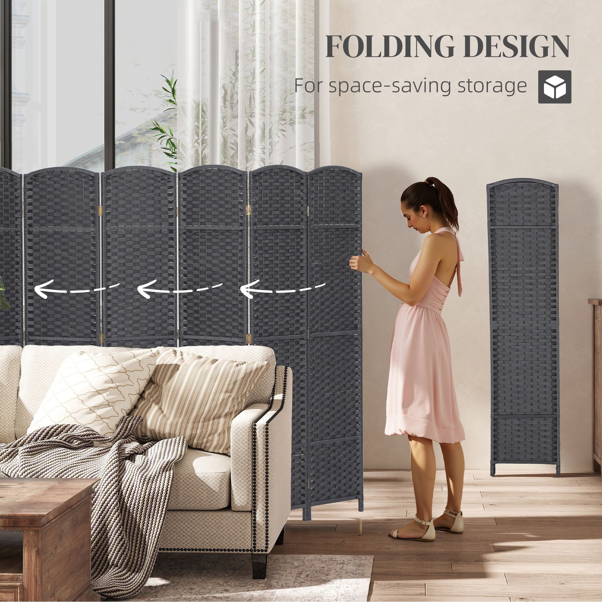 HOMCOM Folding Room Divider Screen 8 Panel 5.6' Tall Privacy Screen Freestanding Room Partition for Home Office, Charcoal Gray