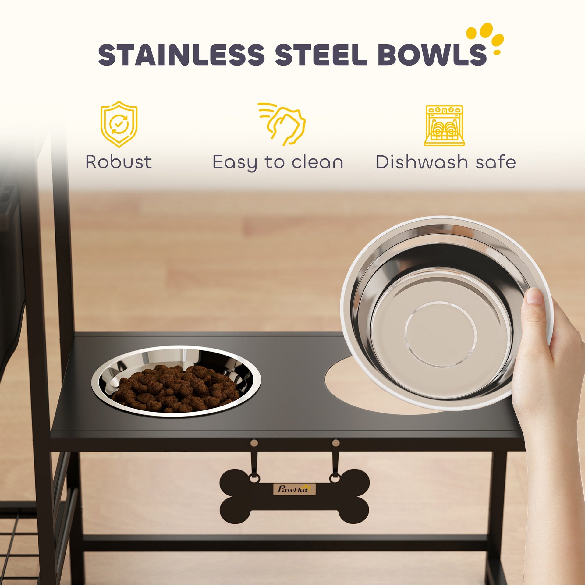 PawHut 3 Height Adjustable Dog Bowl Stand with 2 Feeding Stations, Toy Bin Basket, Black