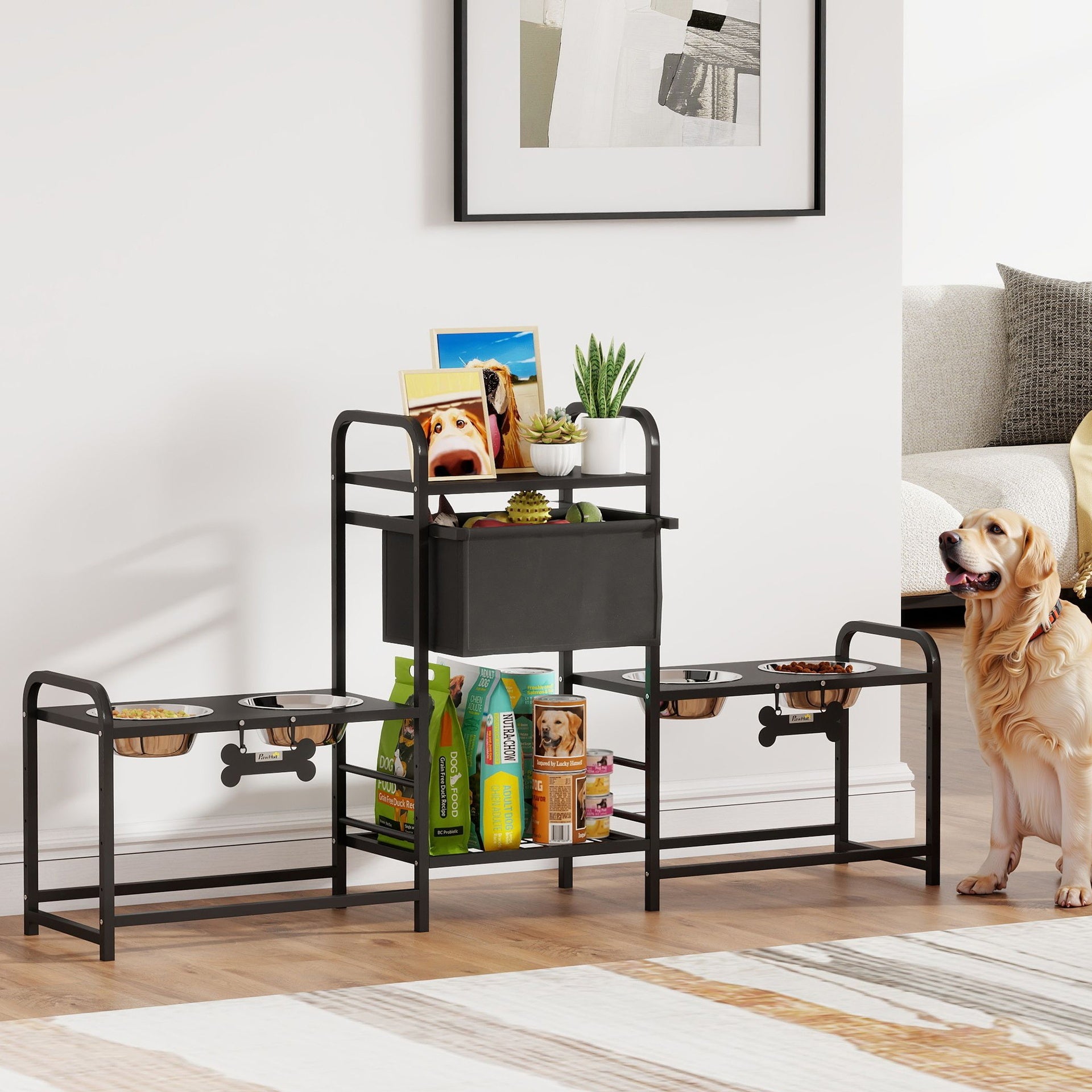 PawHut 3 Height Adjustable Dog Bowl Stand with 2 Feeding Stations, Toy Bin Basket, Black