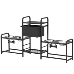 PawHut 3 Height Adjustable Dog Bowl Stand with 2 Feeding Stations, Toy Bin Basket, Black