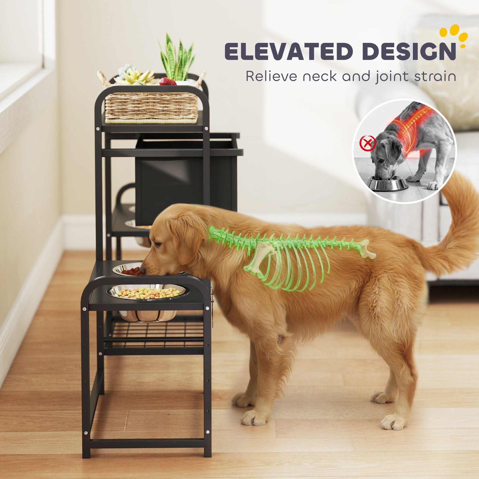 PawHut 3 Height Adjustable Dog Bowl Stand with 2 Feeding Stations, Toy Bin Basket, Black