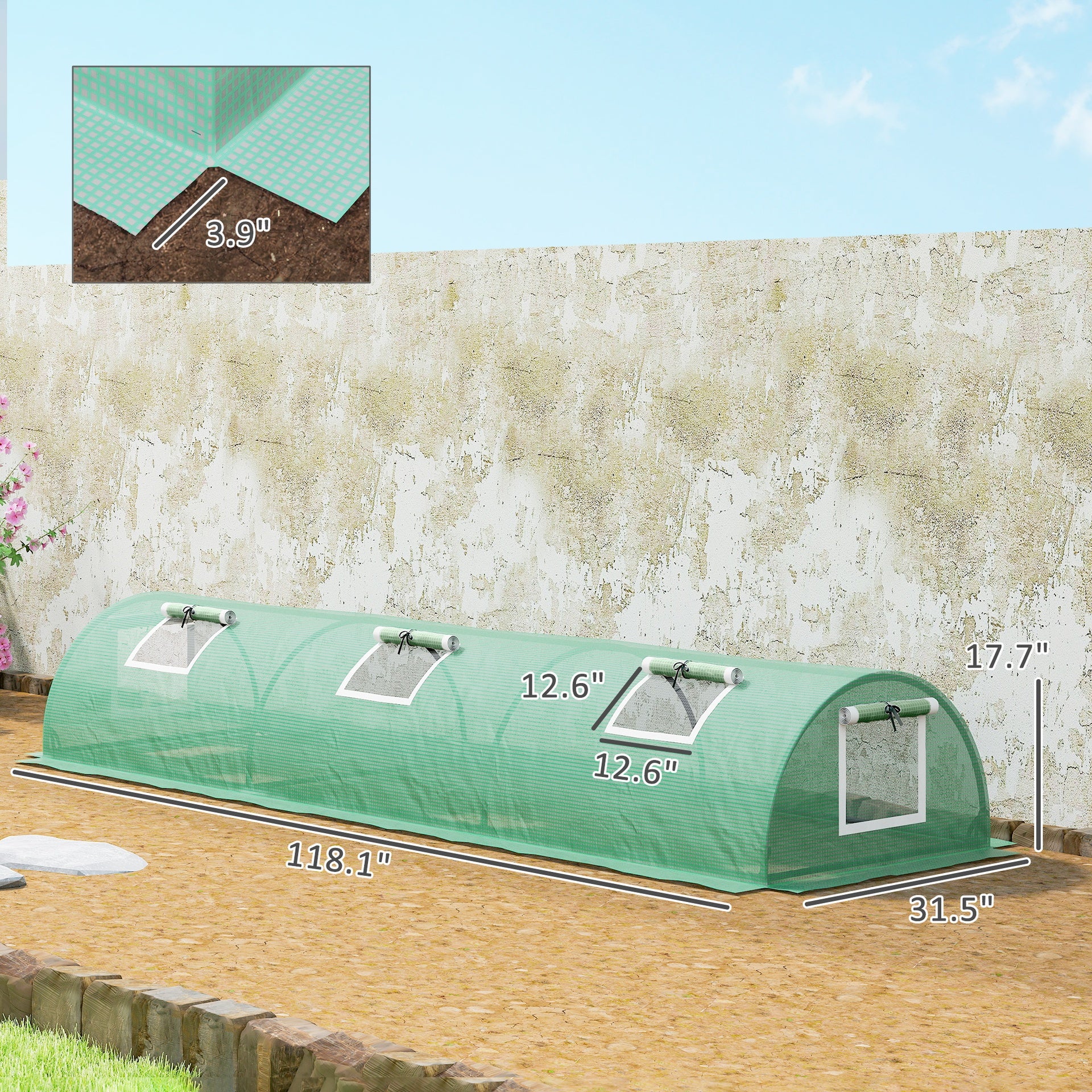 Outsunny Mini Greenhouse with 5 Mesh Windows, Portable Plant Hot House with PE Cover and Steel Frame, 10' x 3' x 2' , Green