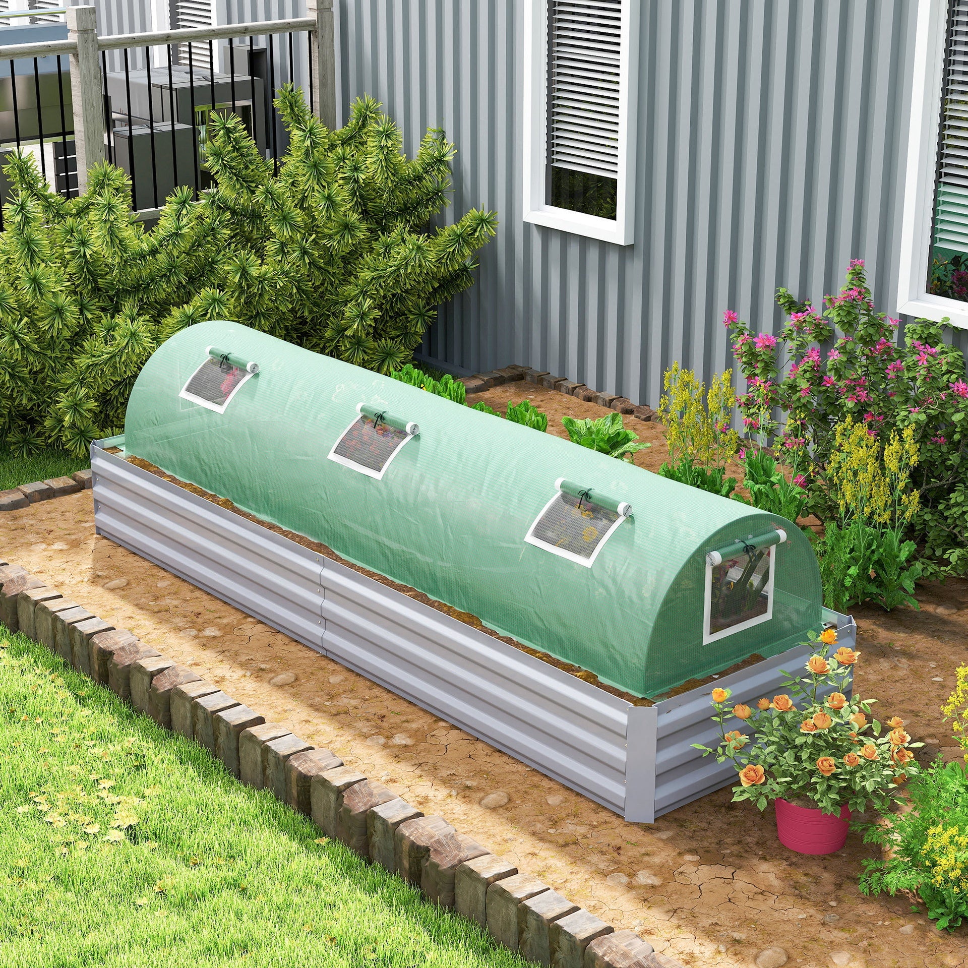 Outsunny Mini Greenhouse with 5 Mesh Windows, Portable Plant Hot House with PE Cover and Steel Frame, 10' x 3' x 2' , Green