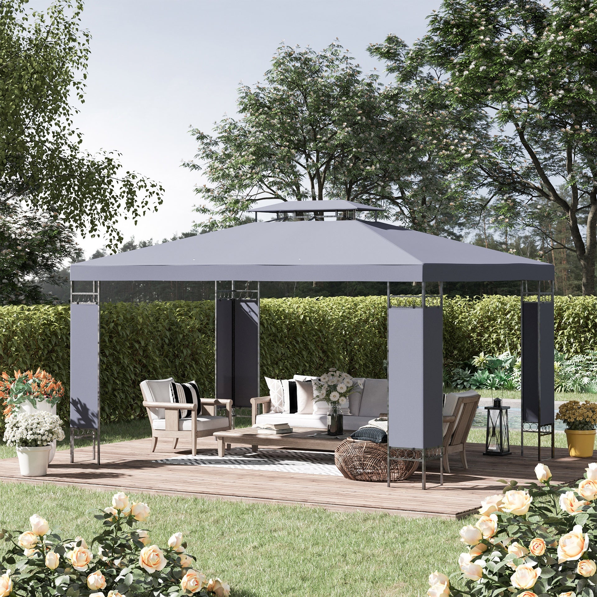 Outsunny 10' x 13' Patio Gazebo, Double Roof Outdoor Gazebo Canopy Shelter with Screen Decorate Corner Frame, for Garden, Lawn, Backyard and Deck, Gray