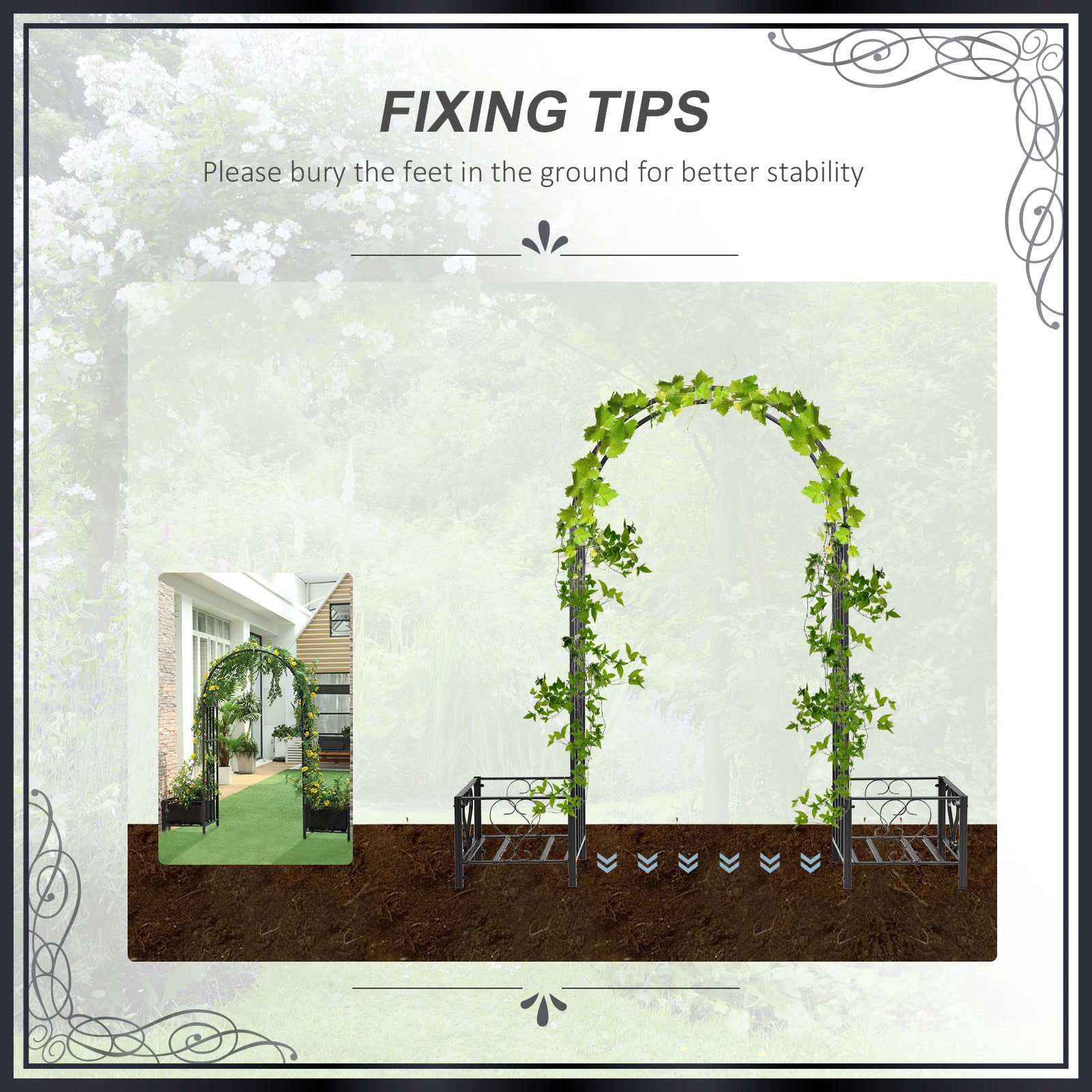Outsunny 6.7' Steel Garden Arch Arbor with Scrollwork Hearts, Planter Boxes for Climbing Vines, Ceremony, Weddings, Party, Backyard, Lawn, Dark Gray