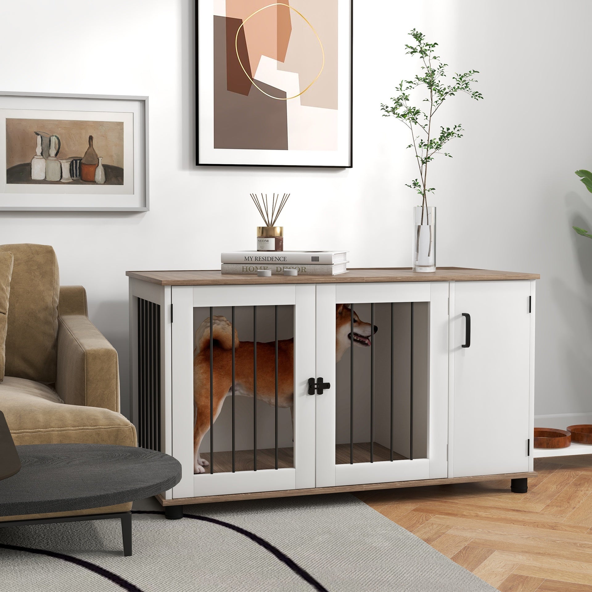 PawHut Dog Crate Furniture Side End Table Indoor w/ Storage, Double Doors