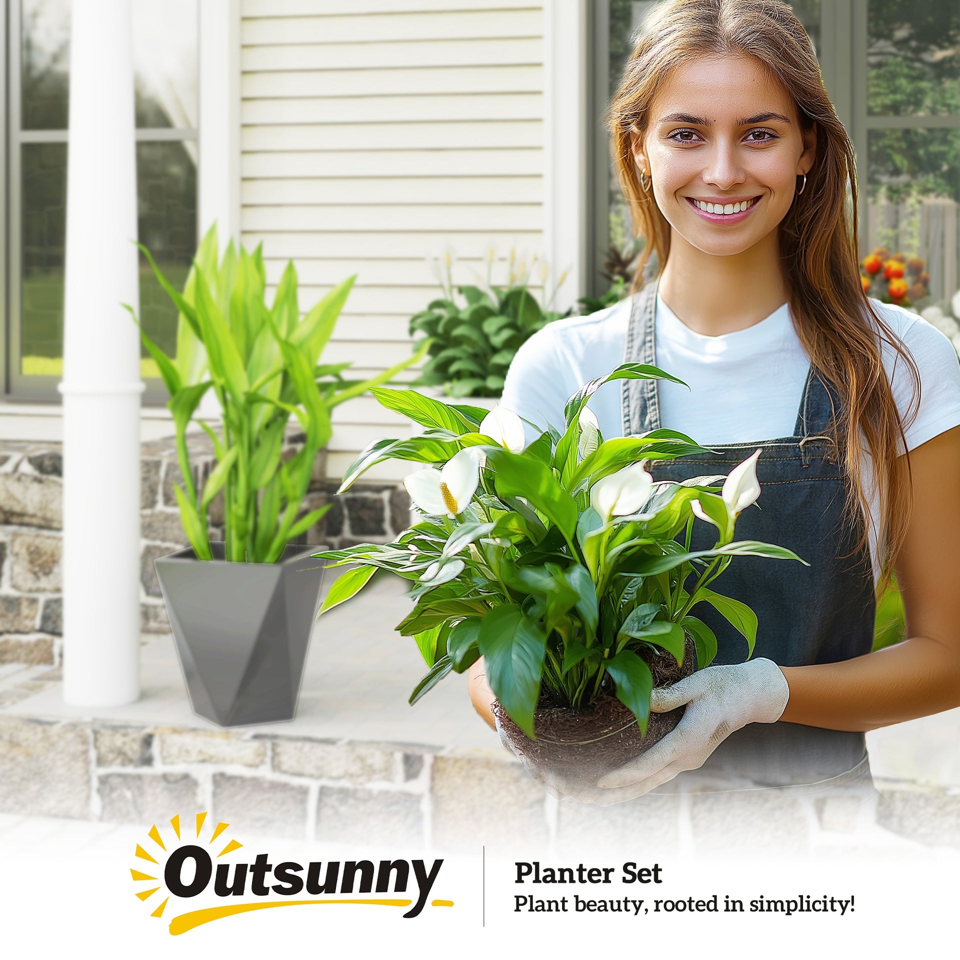 Outsunny Indoor Outdoor Planters Set of 3 MgO Tall Planters Stackable Flower Pots with Drainage Holes for Garden, Balcony, Gray