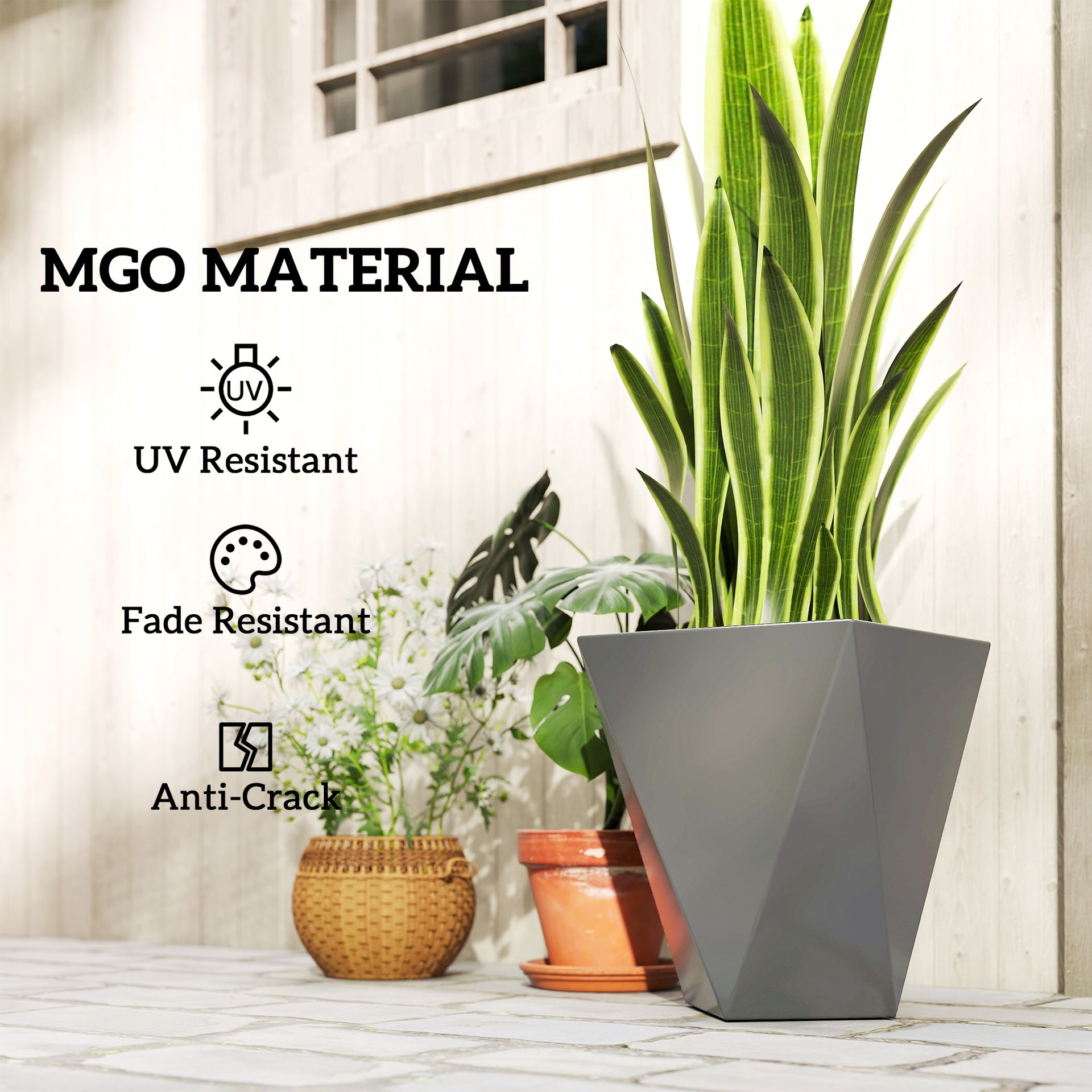 Outsunny Indoor Outdoor Planters Set of 3 MgO Tall Planters Stackable Flower Pots with Drainage Holes for Garden, Balcony, Gray