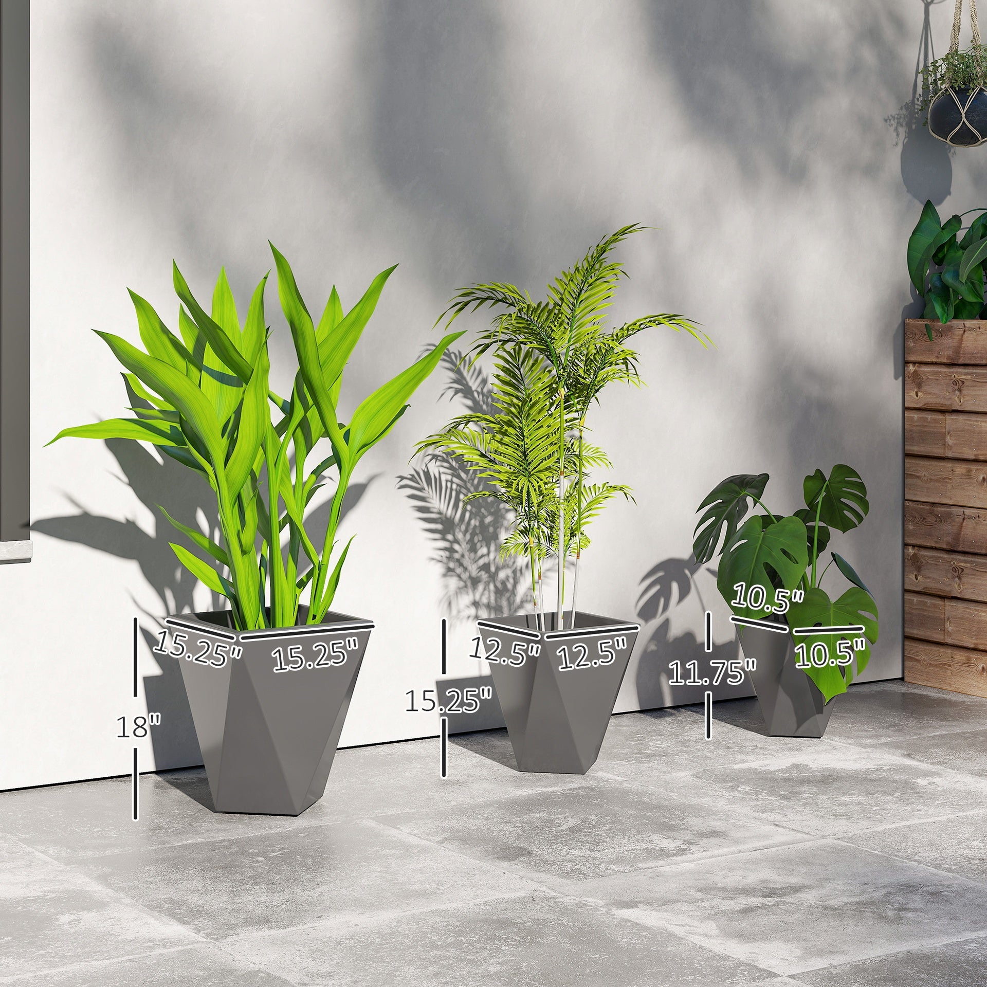 Outsunny Indoor Outdoor Planters Set of 3 MgO Tall Planters Stackable Flower Pots with Drainage Holes for Garden, Balcony, Gray