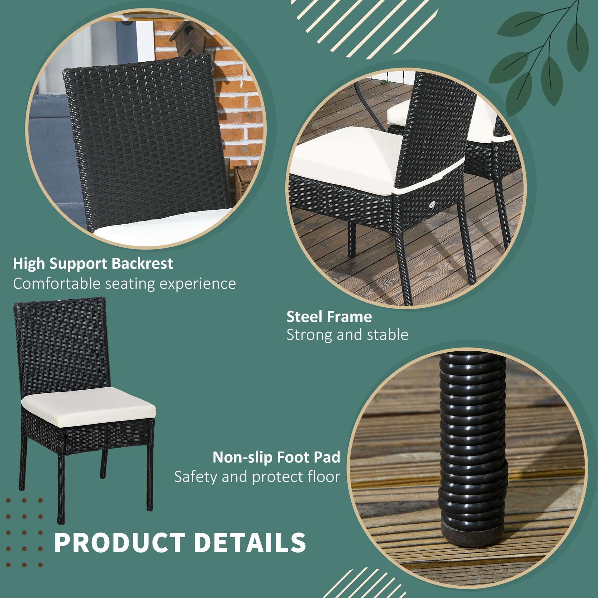 Outsunny 4 PE Rattan Outdoor Dining Chairs with Cushions, Patio Wicker Dining Chairs with Backrest, Black