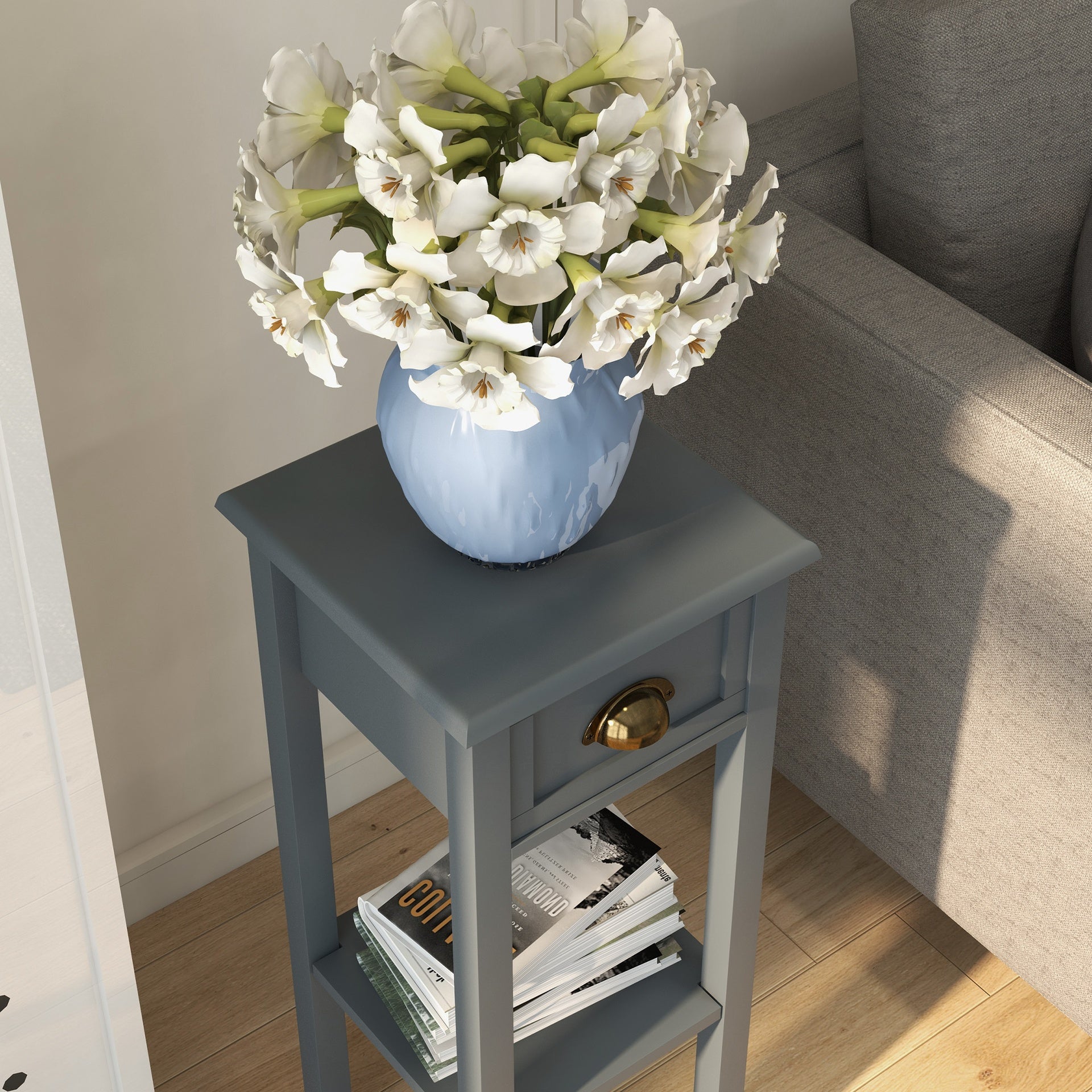 HOMCOM 2-Tier Side Tables Set of 2 with Drawer and Shelf, 2 Pieces End Tables for Living Room and Hallway, Gray