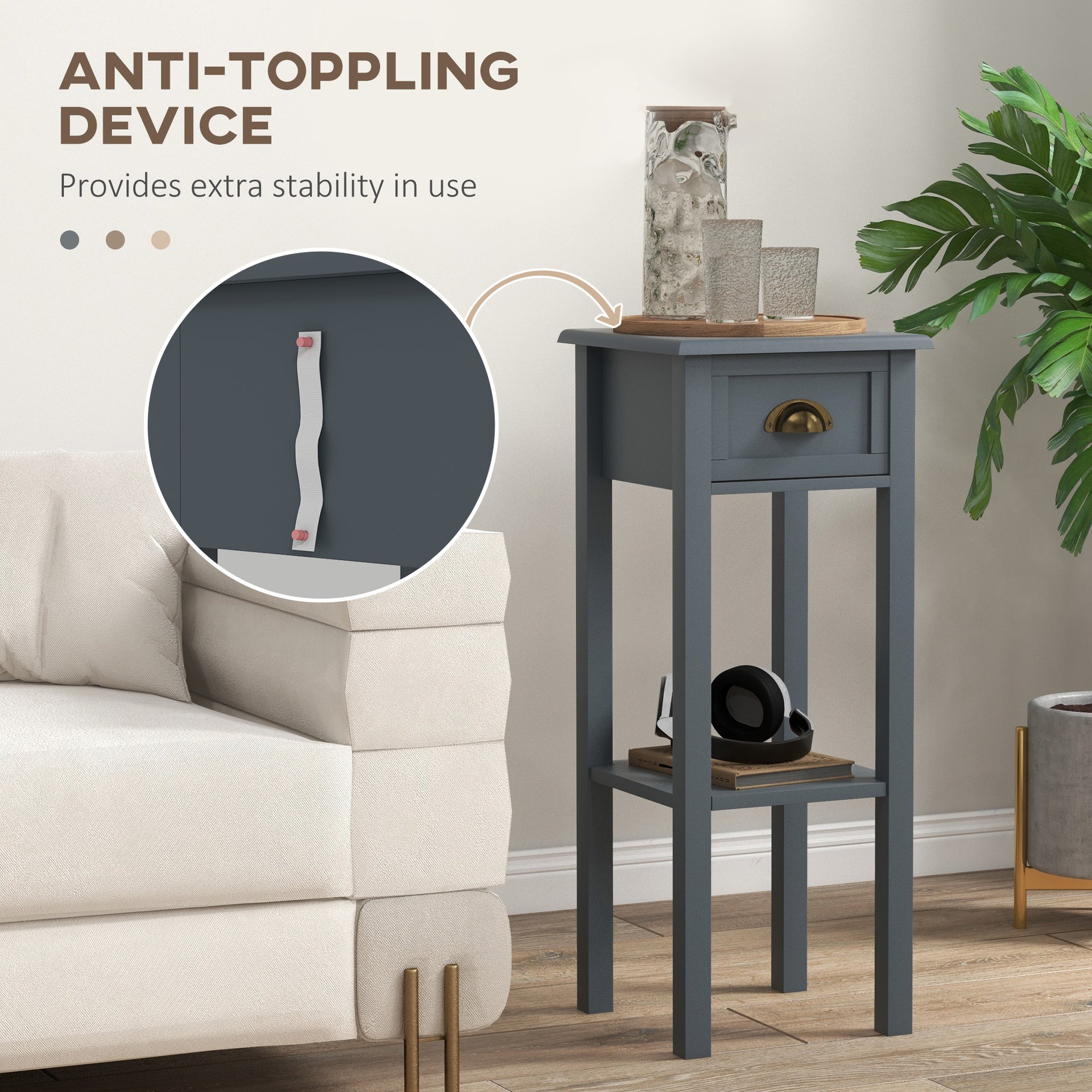 HOMCOM 2-Tier Side Tables Set of 2 with Drawer and Shelf, 2 Pieces End Tables for Living Room and Hallway, Gray