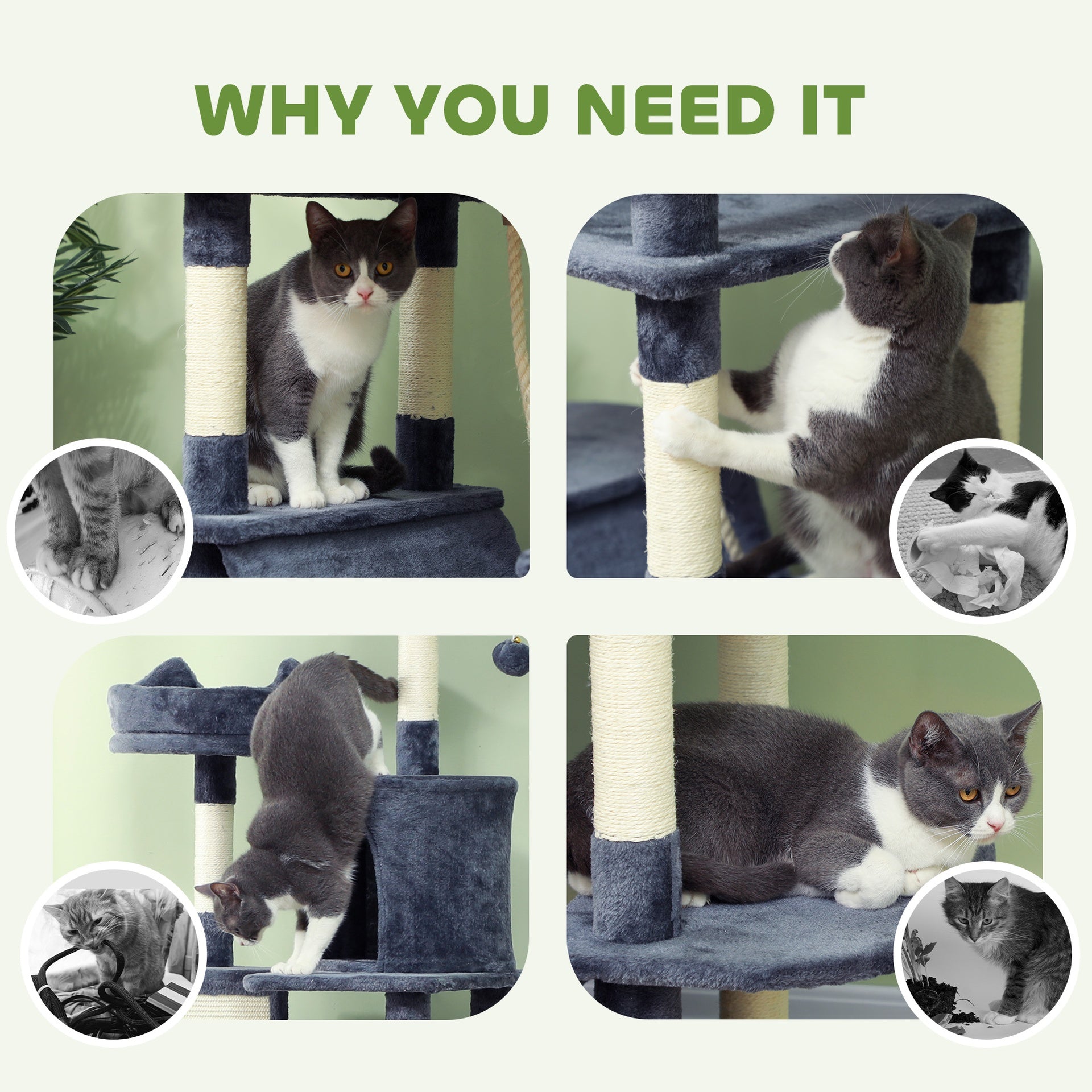 PawHut 81" Cat Tree w/ Cat Scratching Posts, Scratching Board, Condos, Beds, Hammocks, Toy Balls, Rope Cat Toy, Gray