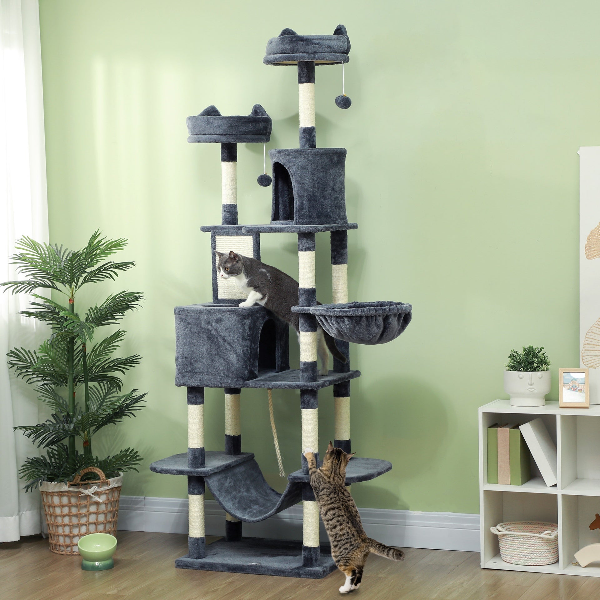 PawHut 81" Cat Tree w/ Cat Scratching Posts, Scratching Board, Condos, Beds, Hammocks, Toy Balls, Rope Cat Toy, Gray