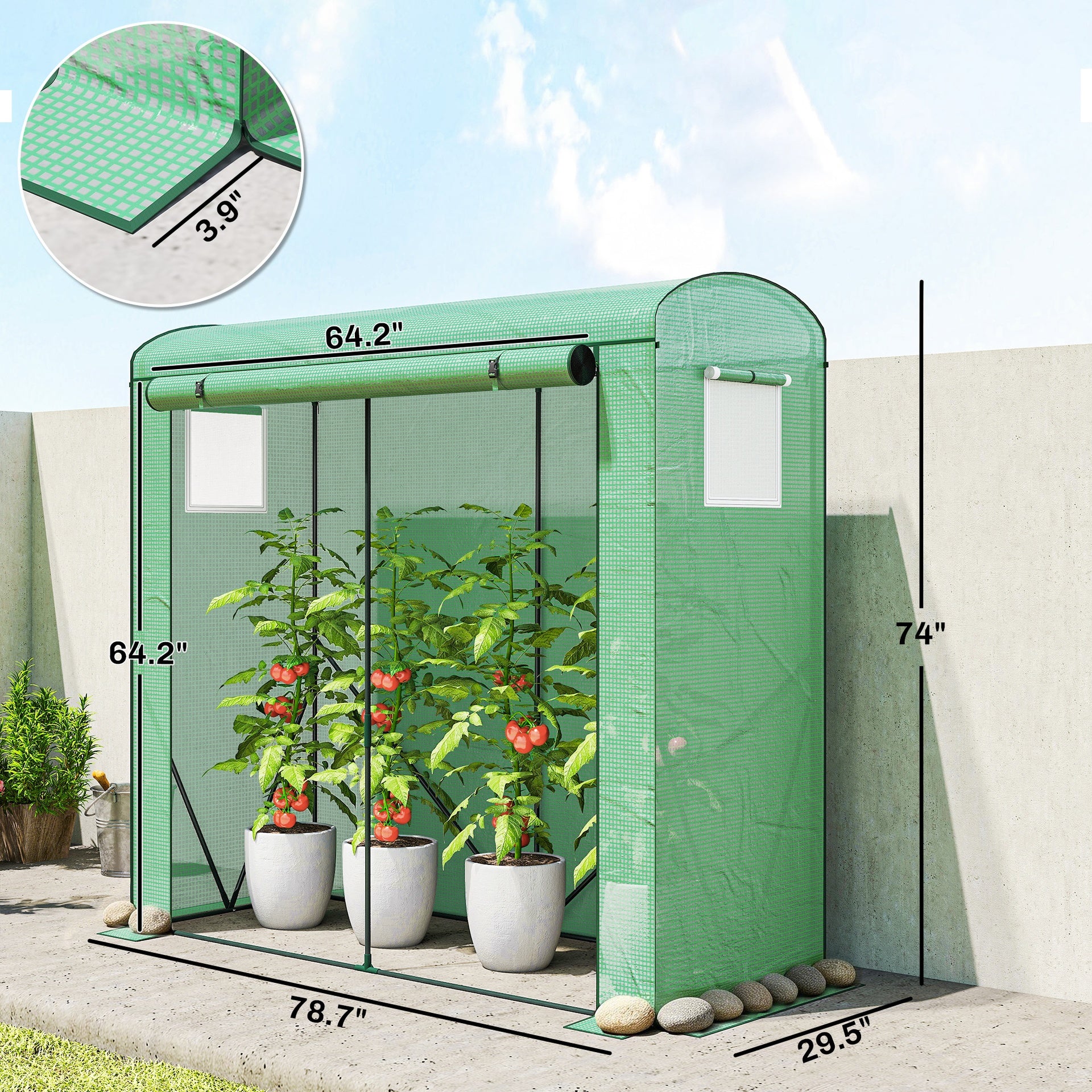 Outsunny Mini Greenhouse, Portable Greenhouse with Roll-Up Door and 2 Mesh Windows, PE Cover, 78.7" x 29.5" x 74", Green