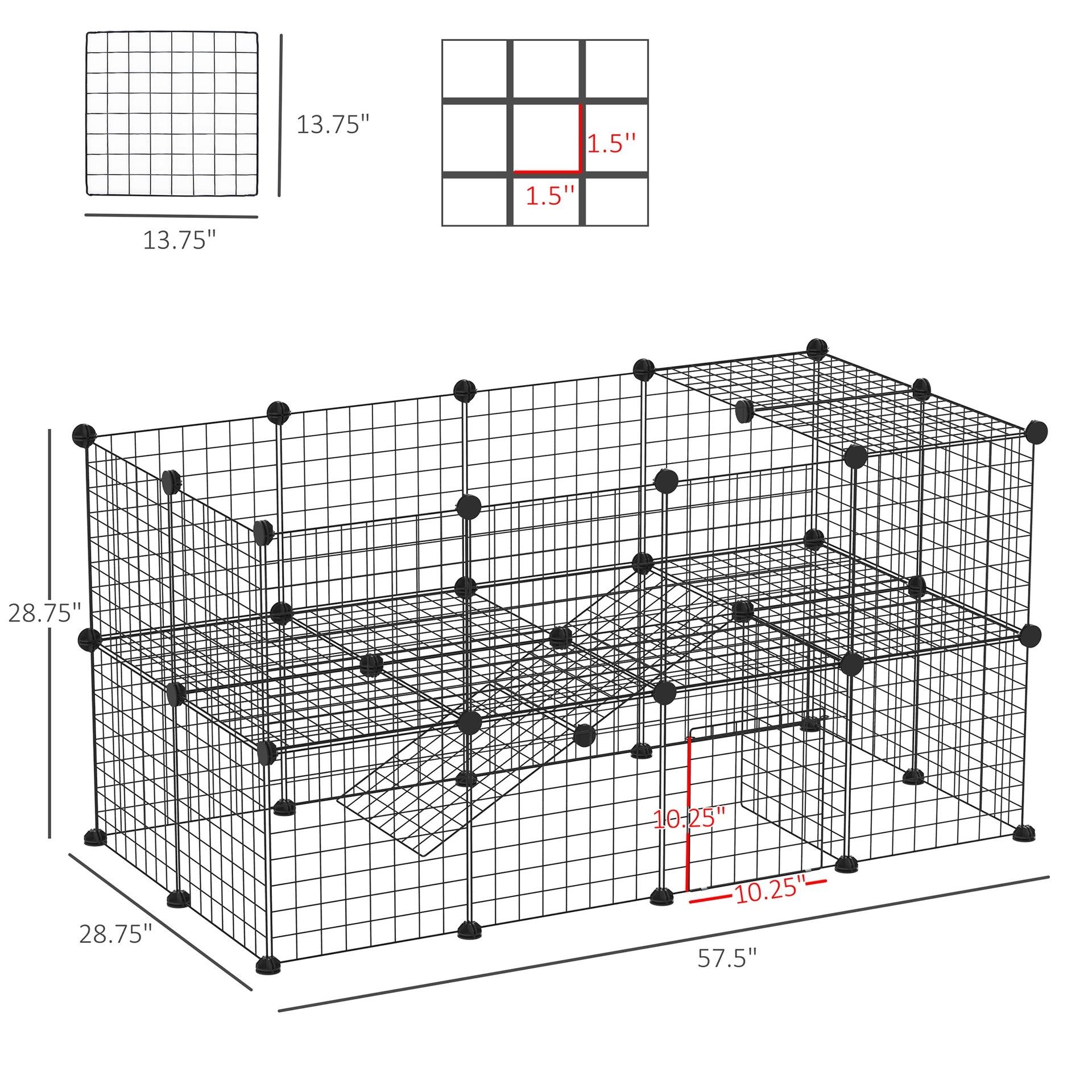 PawHut 36 Panels Small Animal Playpen with Door, DIY C & C Cage for Guinea Pigs with Ramp, Portable Metal Wire Yard for Rabbit, Hedgehogs, 14 x 14 in
