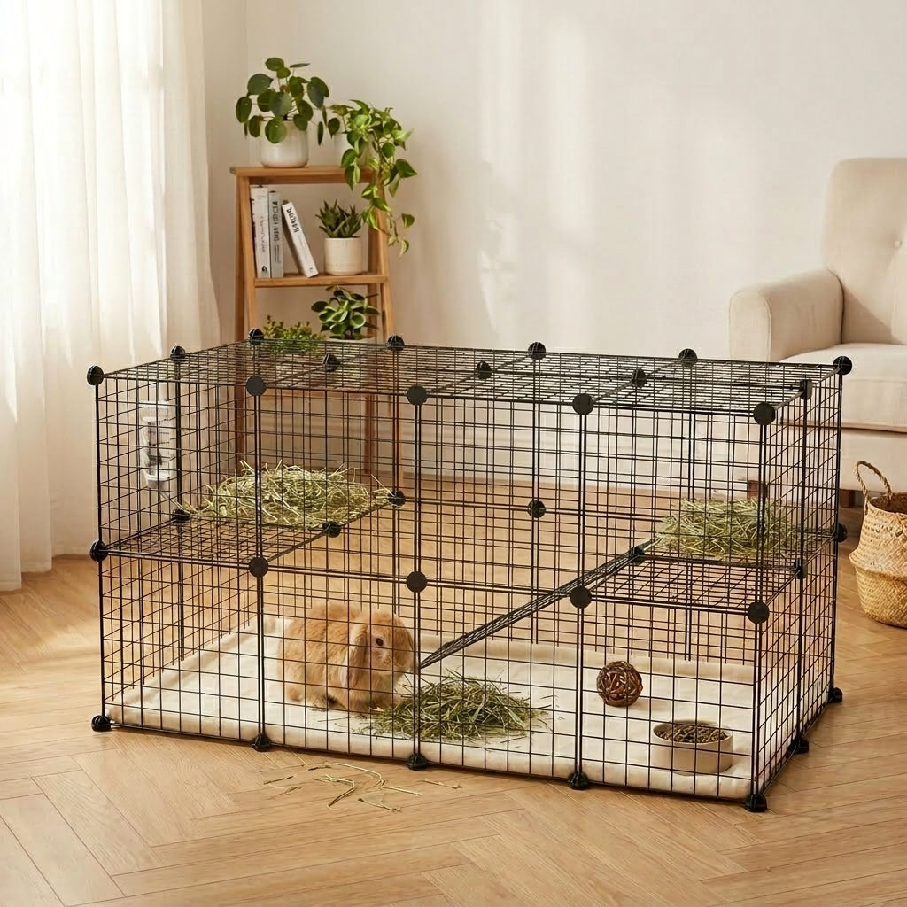 PawHut 36 Panels Small Animal Playpen with Door, DIY C & C Cage for Guinea Pigs with Ramp, Portable Metal Wire Yard for Rabbit, Hedgehogs, 14 x 14 in
