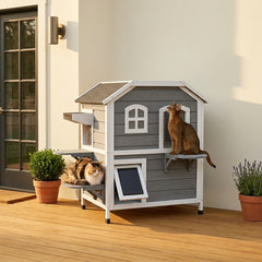PawHut 2-story Cat House Outdoor, Weatherproof Wooden Cat Enclosure for Feral Cats with Escape Door, Openable Roof, Jumping Platforms, Gray