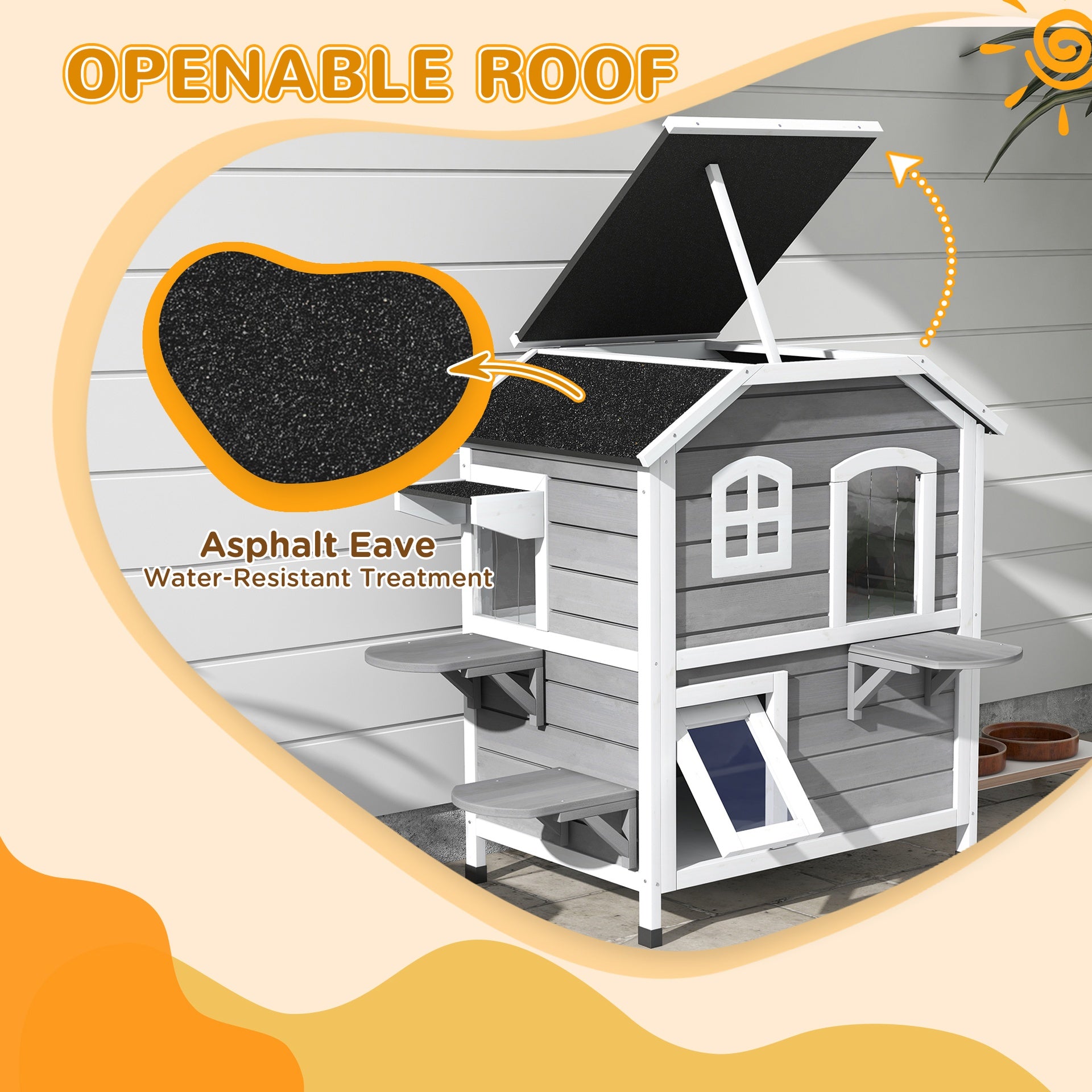 PawHut 2-story Cat House Outdoor, Weatherproof Wooden Cat Enclosure for Feral Cats with Escape Door, Openable Roof, Jumping Platforms, Gray
