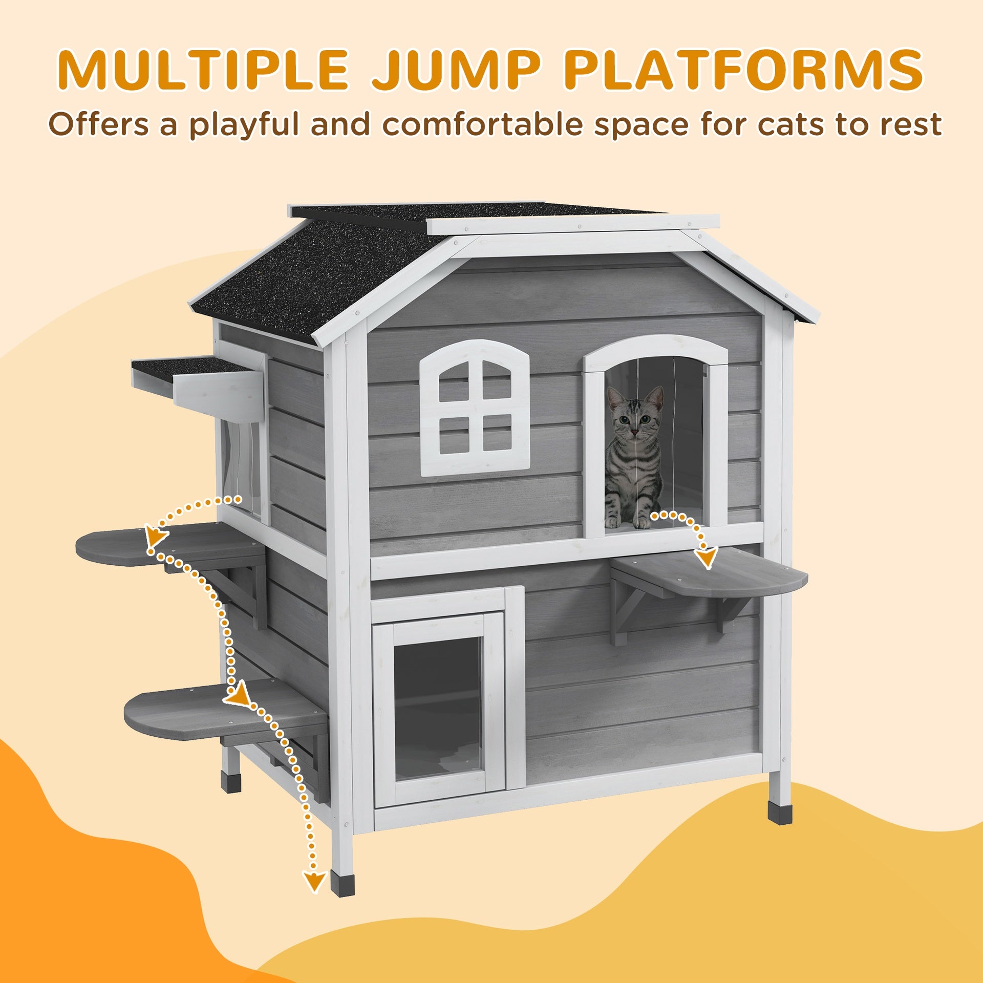 PawHut 2-story Cat House Outdoor, Weatherproof Wooden Cat Enclosure for Feral Cats with Escape Door, Openable Roof, Jumping Platforms, Gray