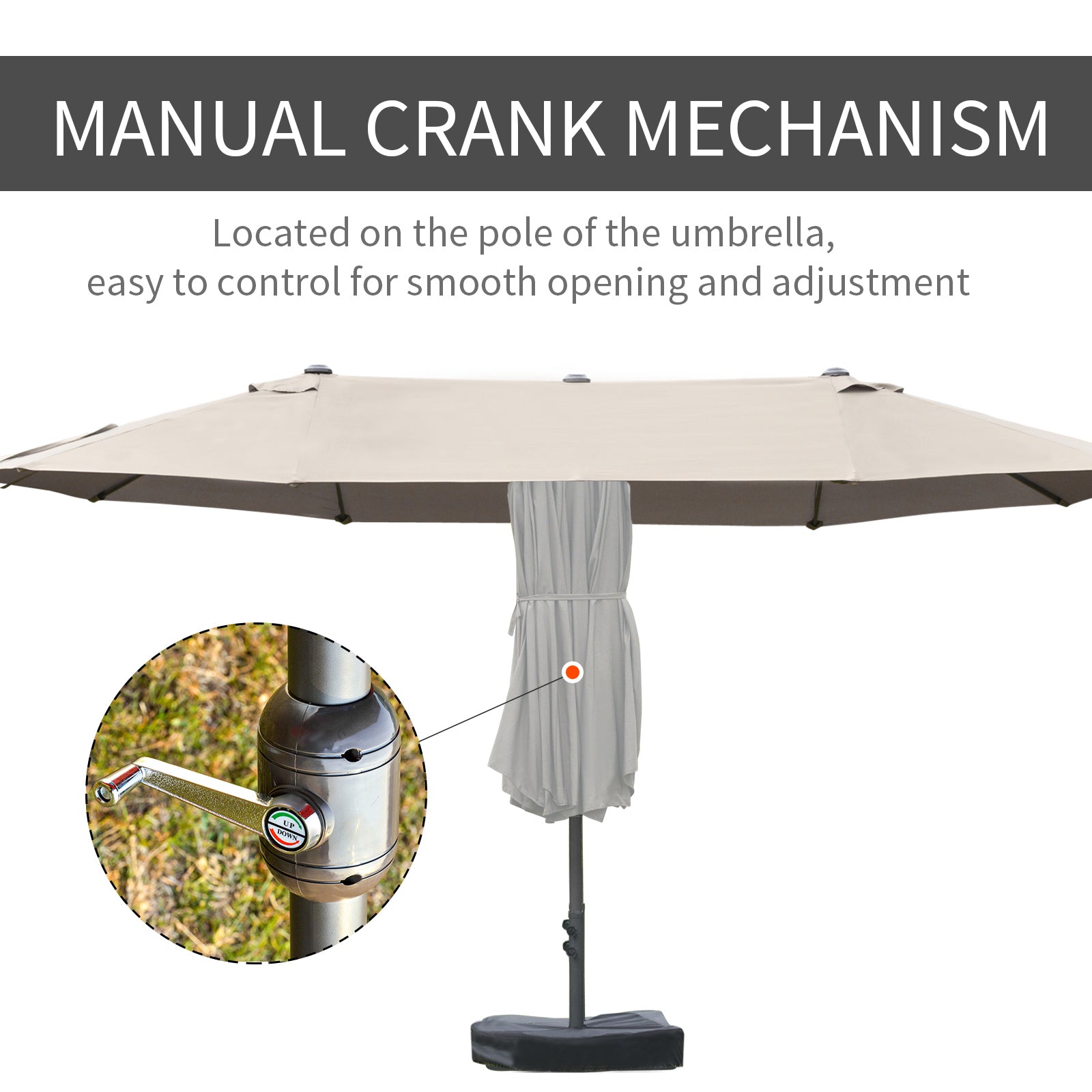 Outsunny Patio Umbrella 15' Steel Rectangular Outdoor Double Sided Market with base, UV Sun Protection & Easy Crank for Deck Pool Patio, Coffee