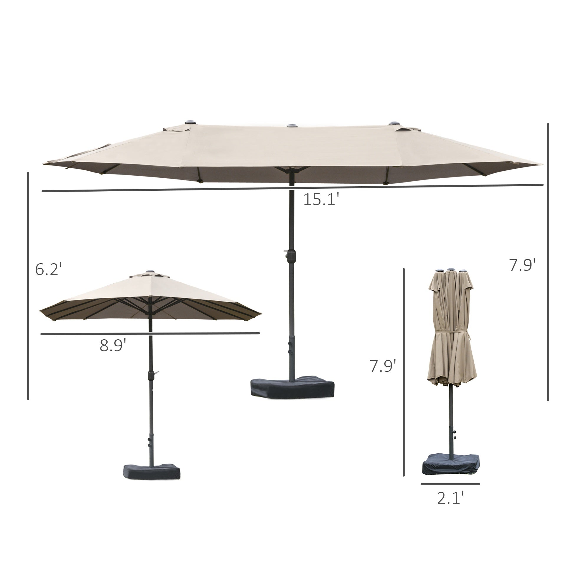 Outsunny Patio Umbrella 15' Steel Rectangular Outdoor Double Sided Market with base, UV Sun Protection & Easy Crank for Deck Pool Patio, Coffee