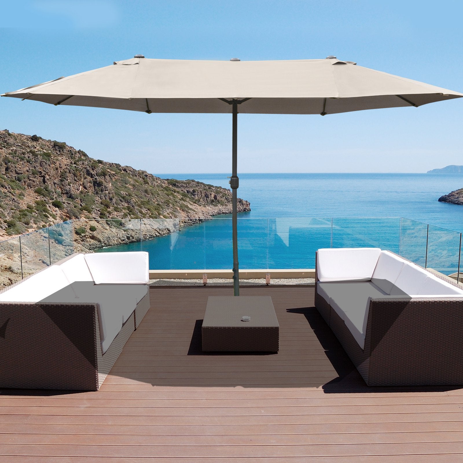 Outsunny Patio Umbrella 15' Steel Rectangular Outdoor Double Sided Market with base, UV Sun Protection & Easy Crank for Deck Pool Patio, Coffee