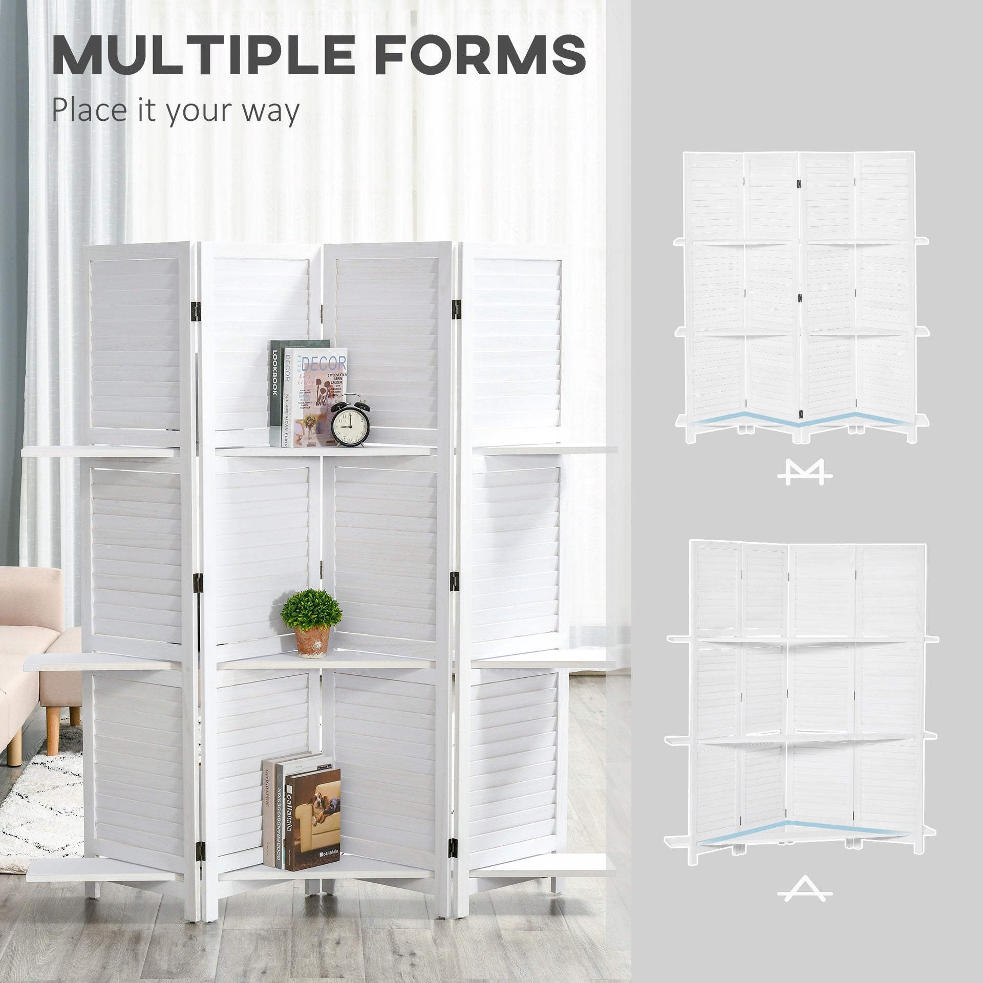 HOMCOM 4 Panel 67" Tall Wood Privacy Screen Room Divider with 3 Shelves and Folding Storage for Bedroom, White